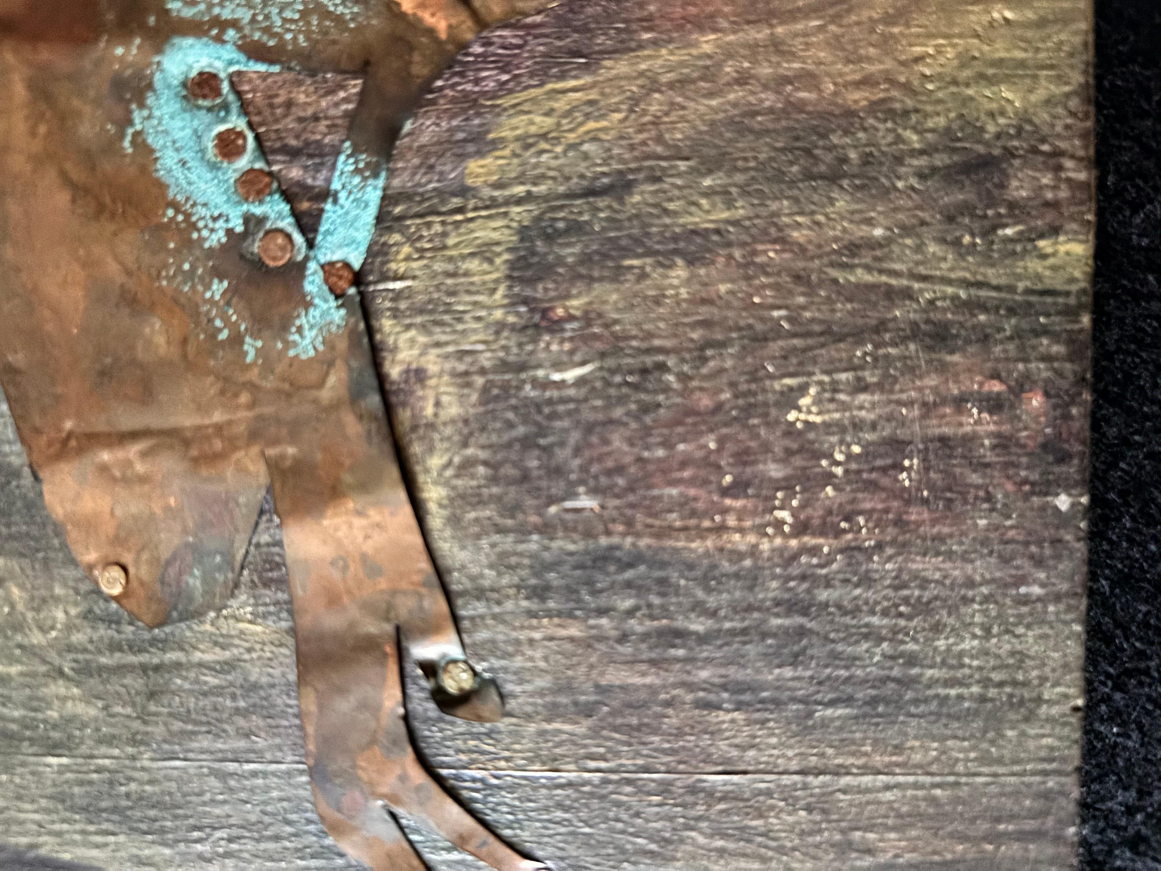 Mix-media Series: Frog at the Bridge-acrylic paint, copper, found objects, wood For Sale 3