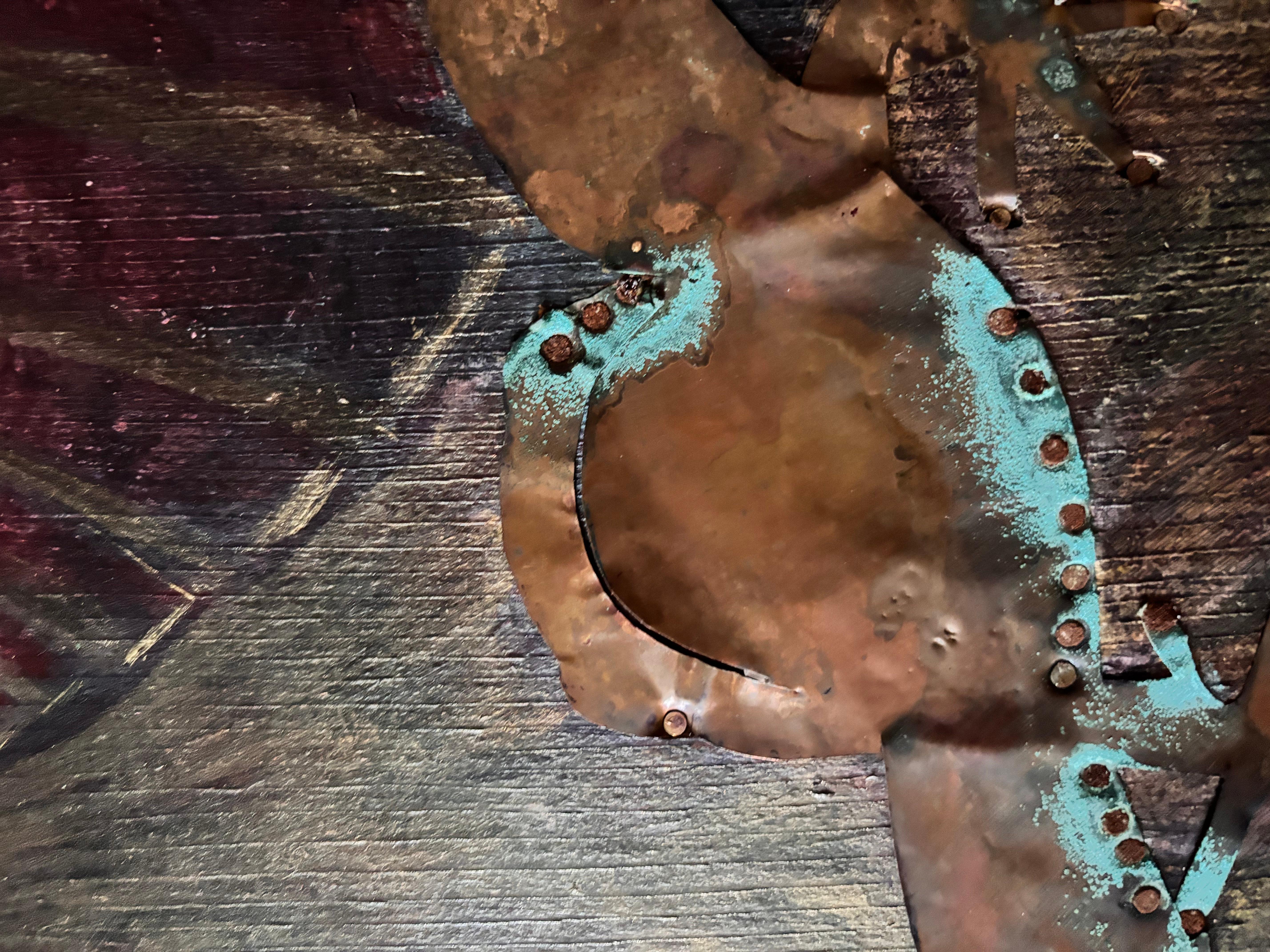 Mix-media Series: Frog at the Bridge-acrylic paint, copper, found objects, wood For Sale 4