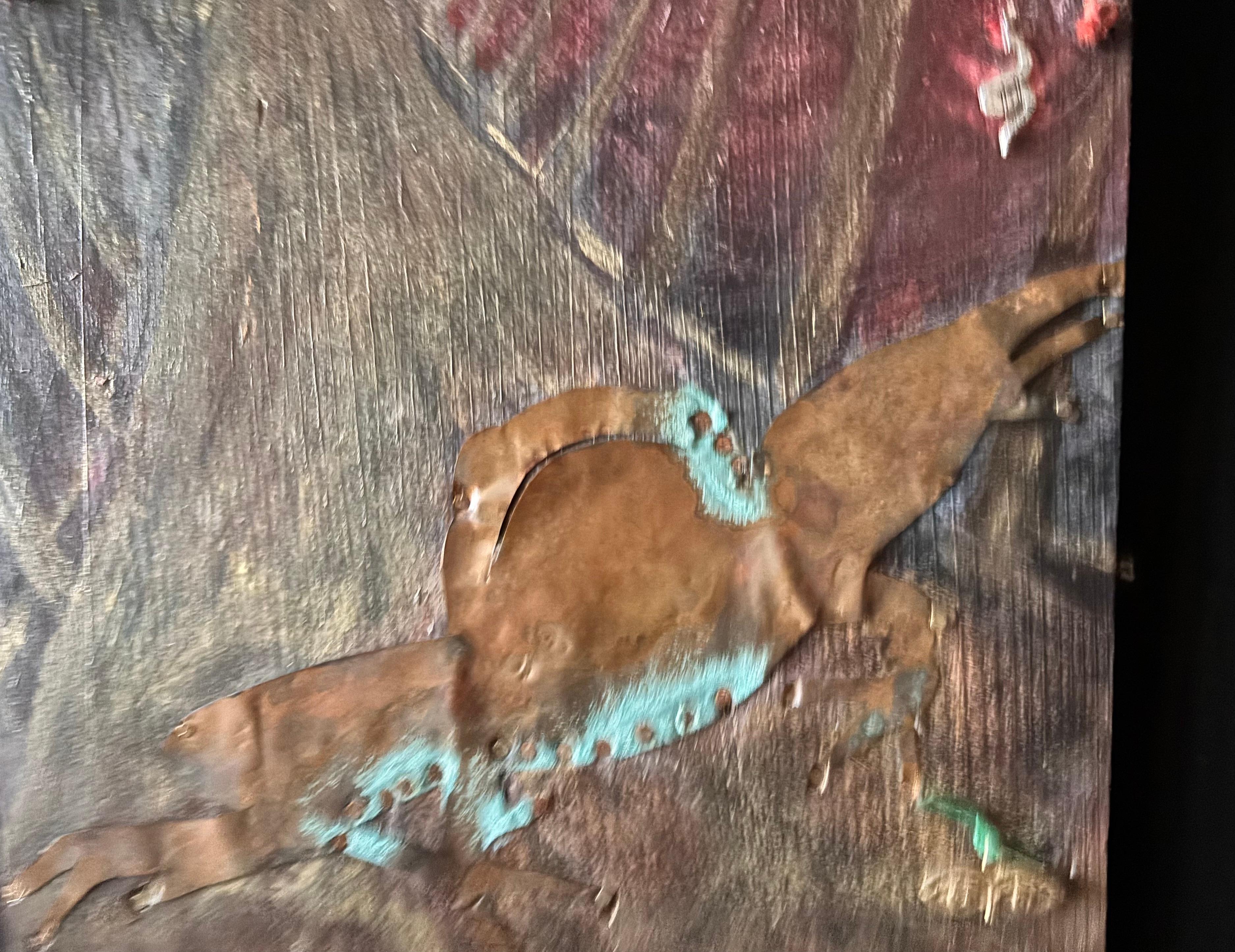 Mix-media Series: Frog at the Bridge-acrylic paint, copper, found objects, wood For Sale 5