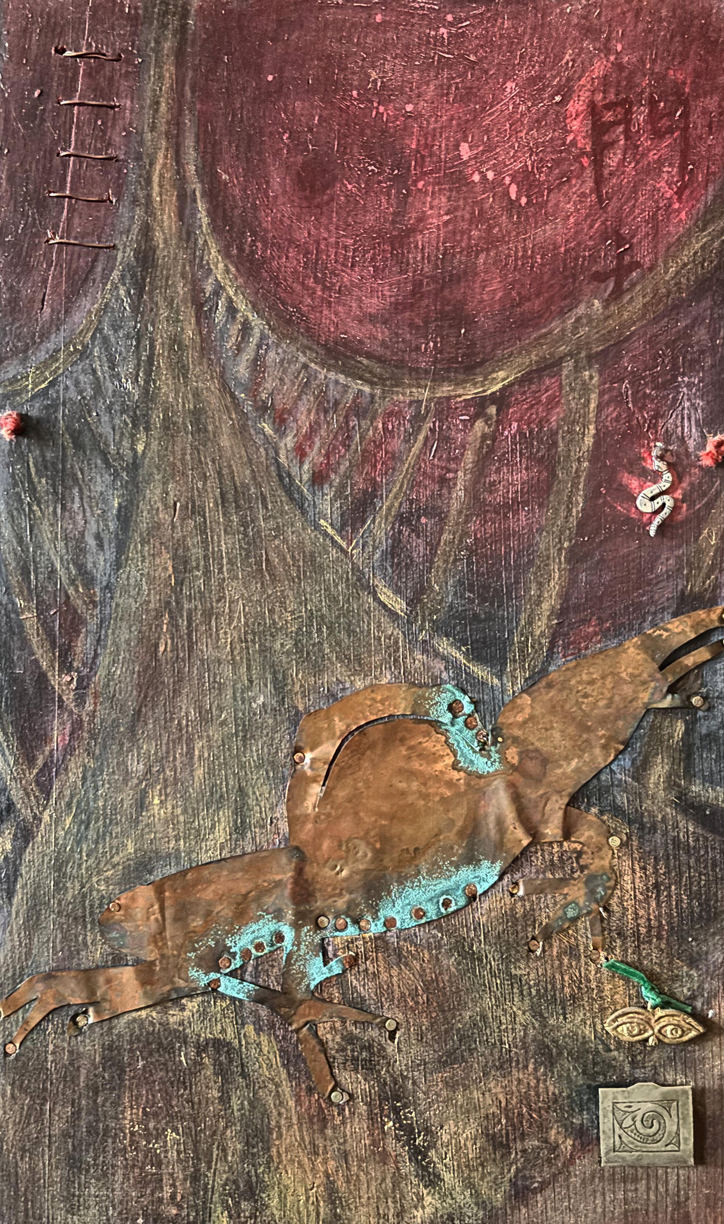 Majio Animal Painting - Mix-media Series: Frog at the Bridge-acrylic paint, copper, found objects, wood