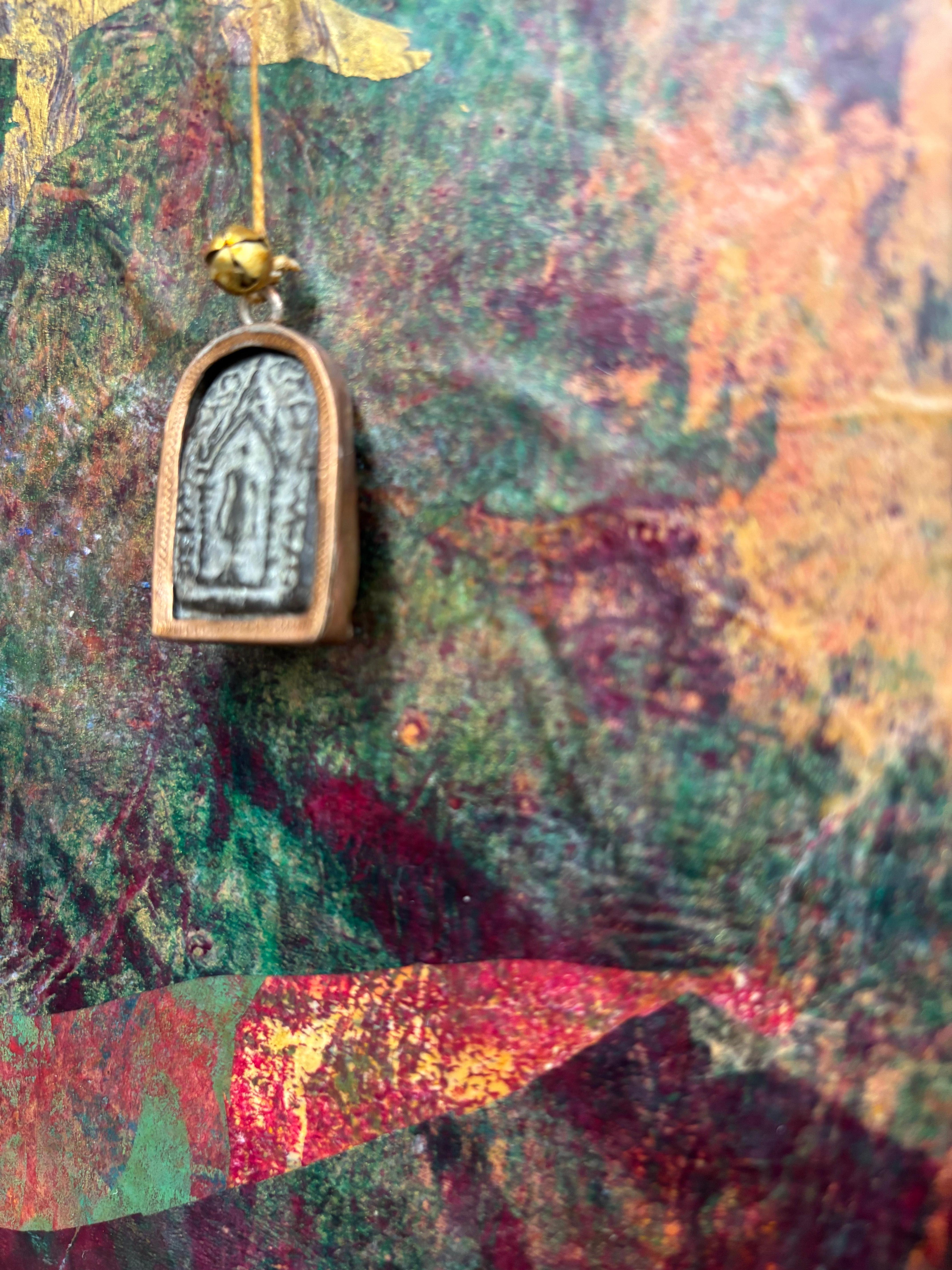 Plumb Line Series I  Cold wax, monoprints, oil stick with found object - Painting by Majio