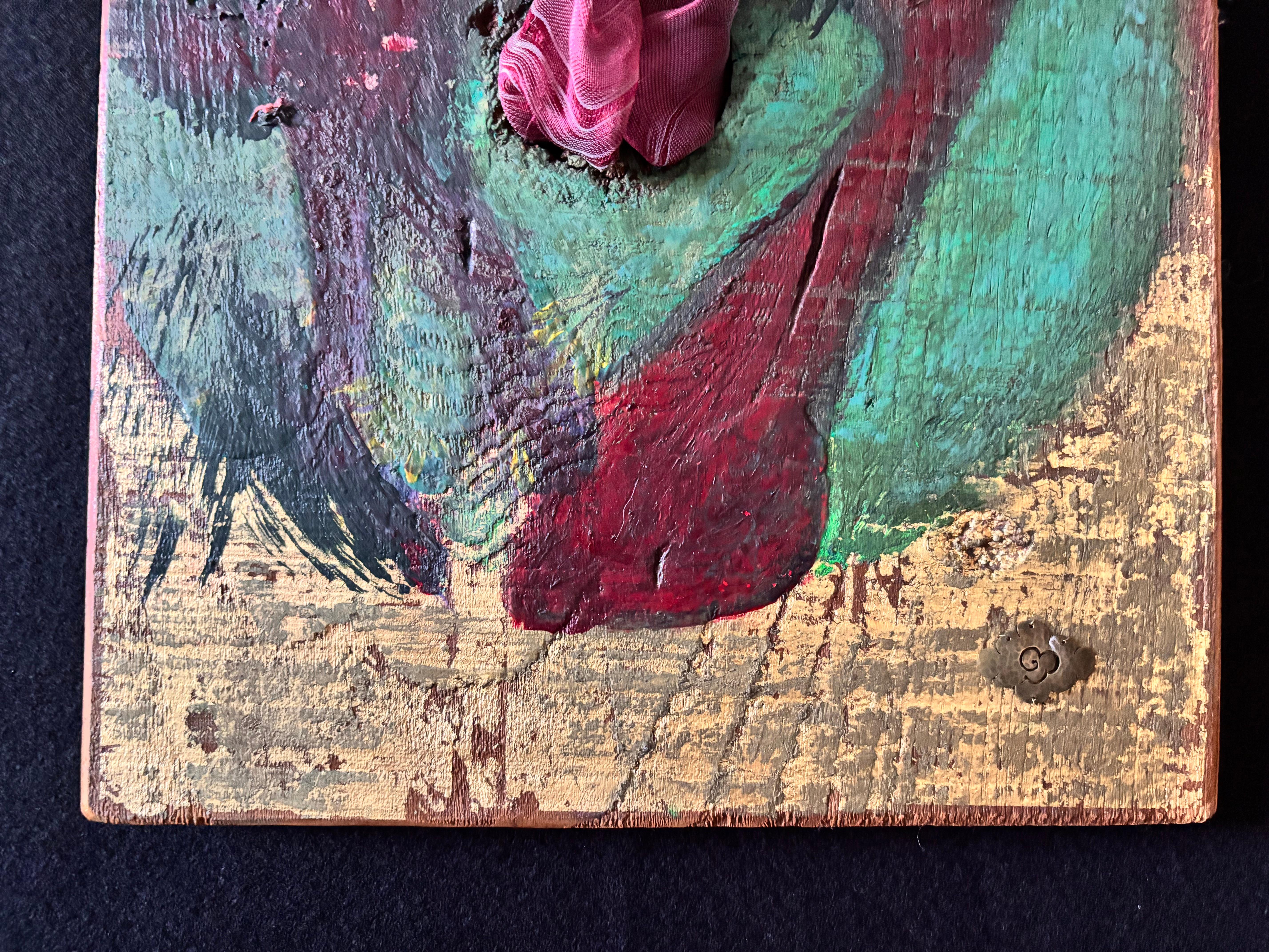 Saatgut Acrylfarbe mit Band, Silberperlen auf Holz im Angebot 14