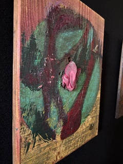 Seeds Pittura acrilica con nastro, perline d'argento su legno