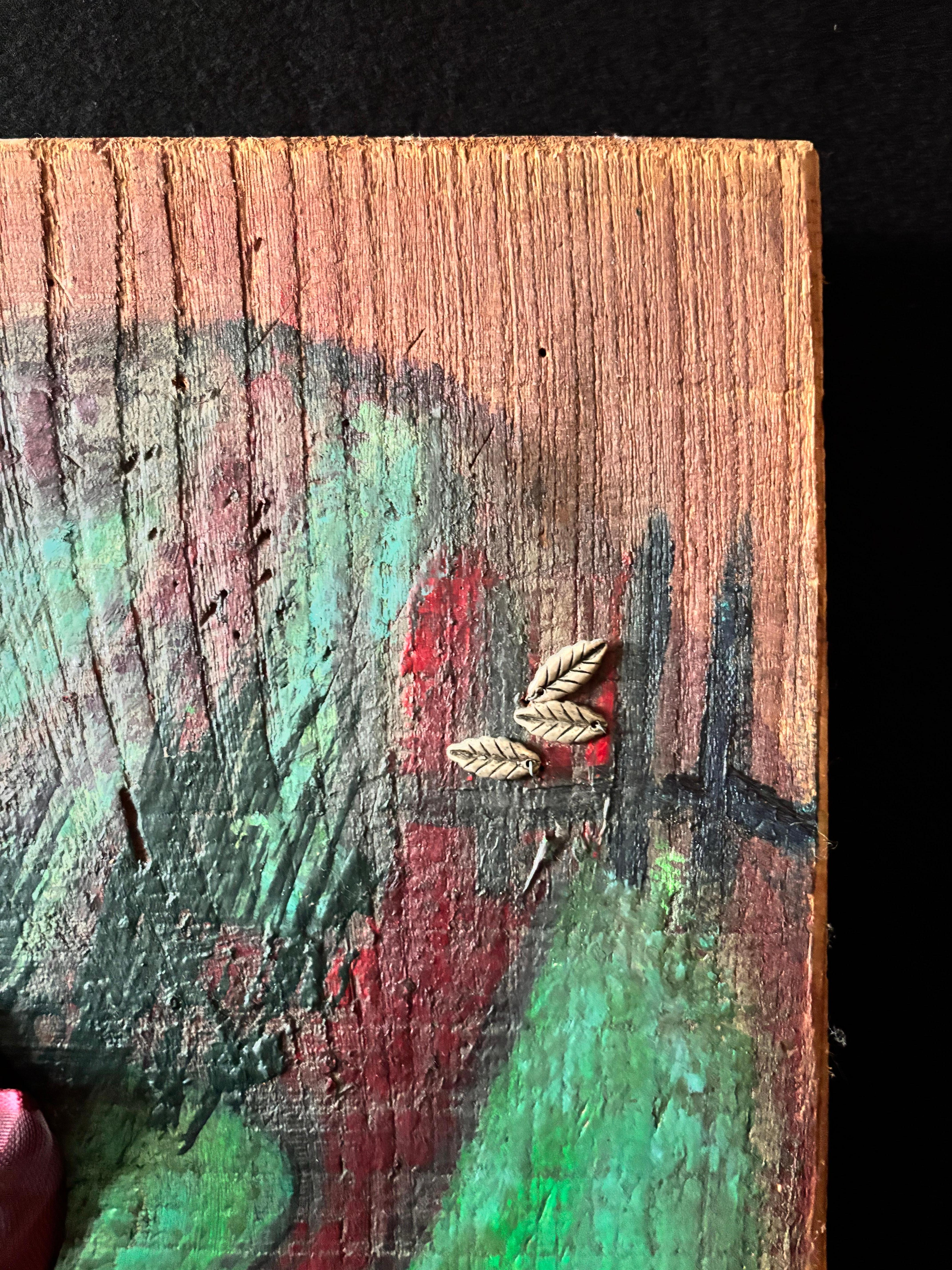 Saatgut Acrylfarbe mit Band, Silberperlen auf Holz im Angebot 5