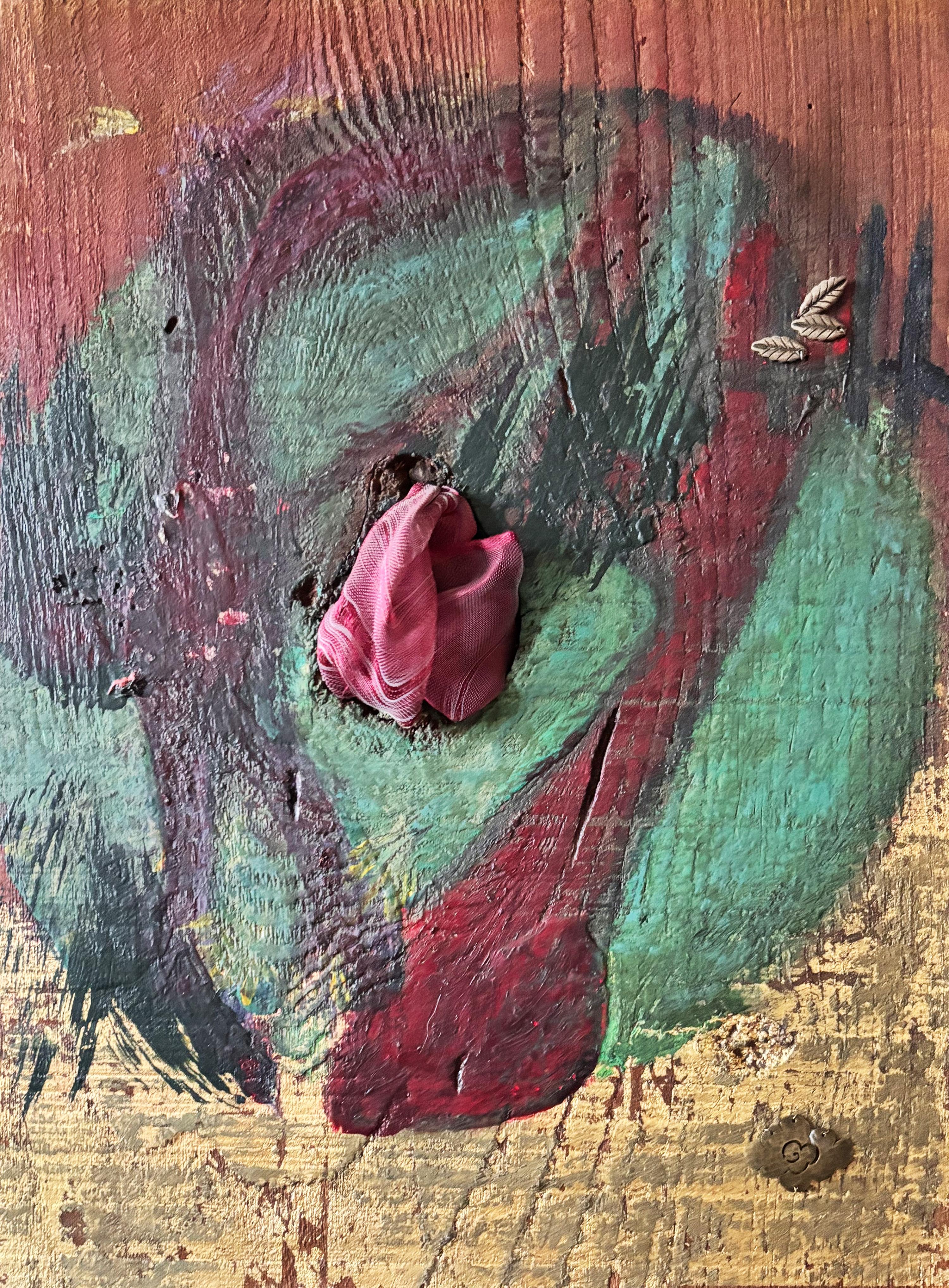 Mix-media Series: Seeds-acrylic paint with ribbon, silver beads on wood