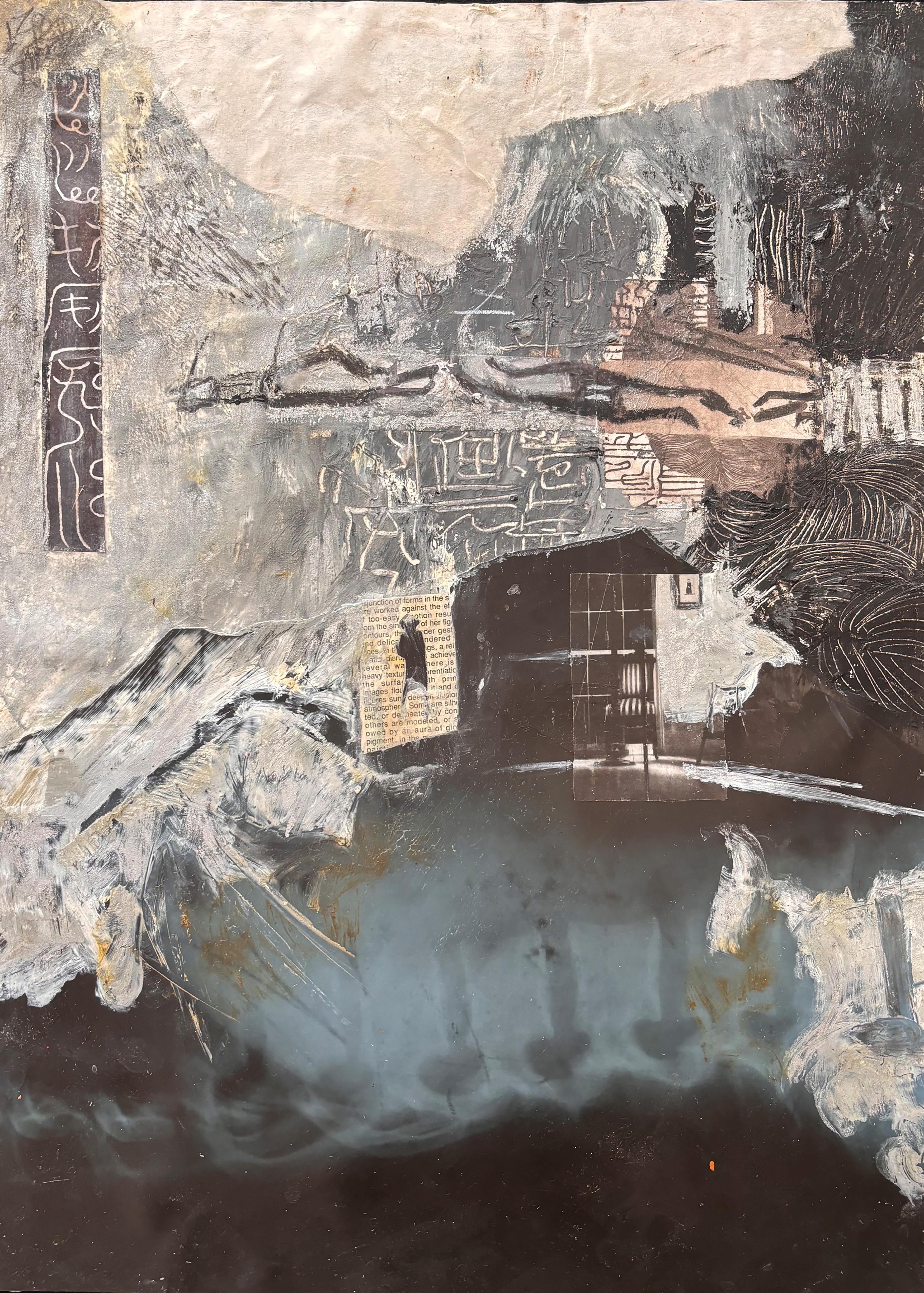 Skateboard Series with X-Ray I, cold wax, graphite, X-ray, and collage on paper.