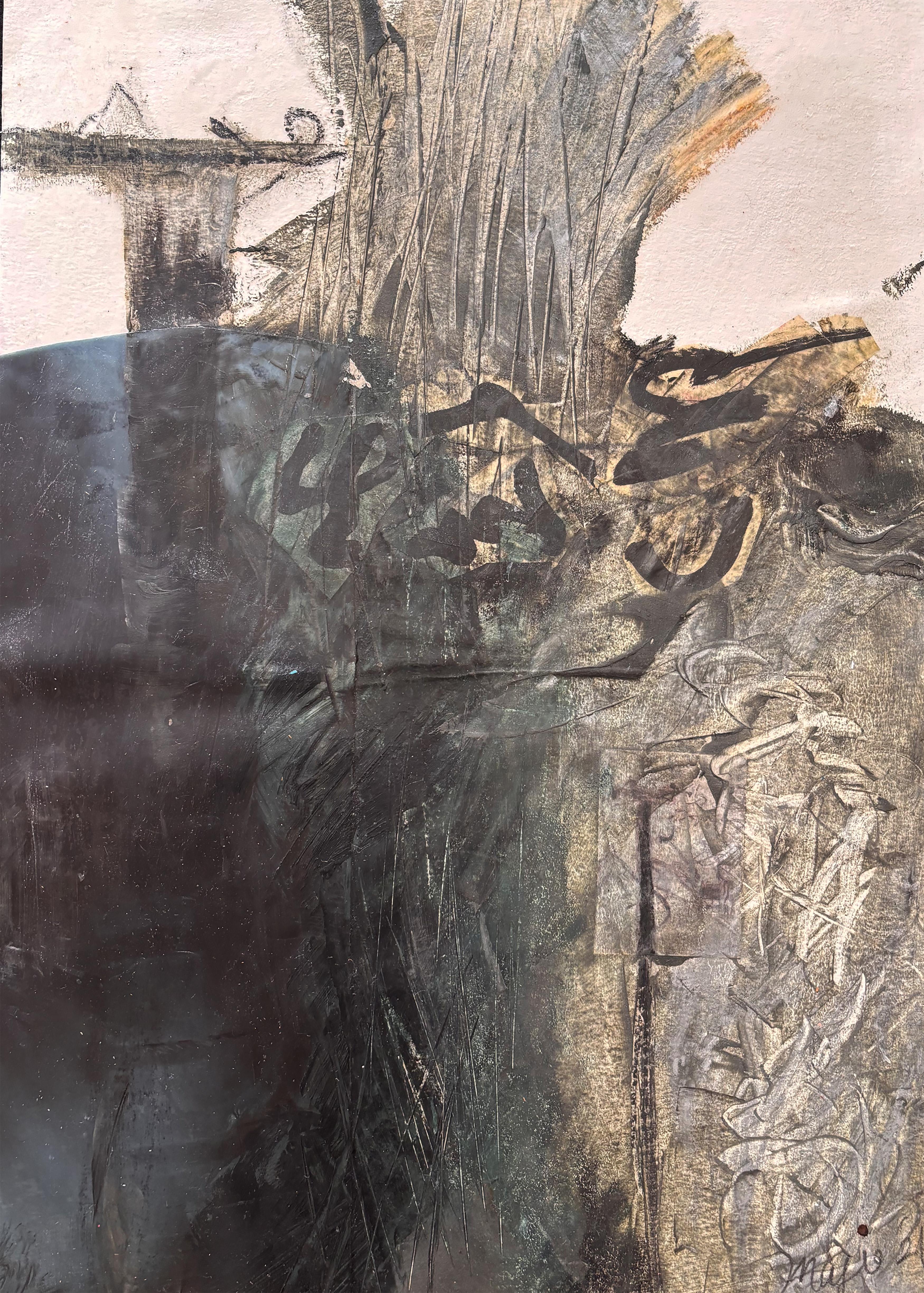 Majio Abstract Painting - Skateboard Series with X-Ray II, cold wax, graphite, X-ray, and collag on paper.