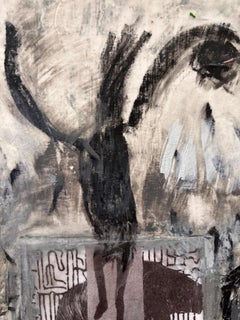 Skateboarder as Jester, with cold wax, graphite, and collage on paper, 2024.