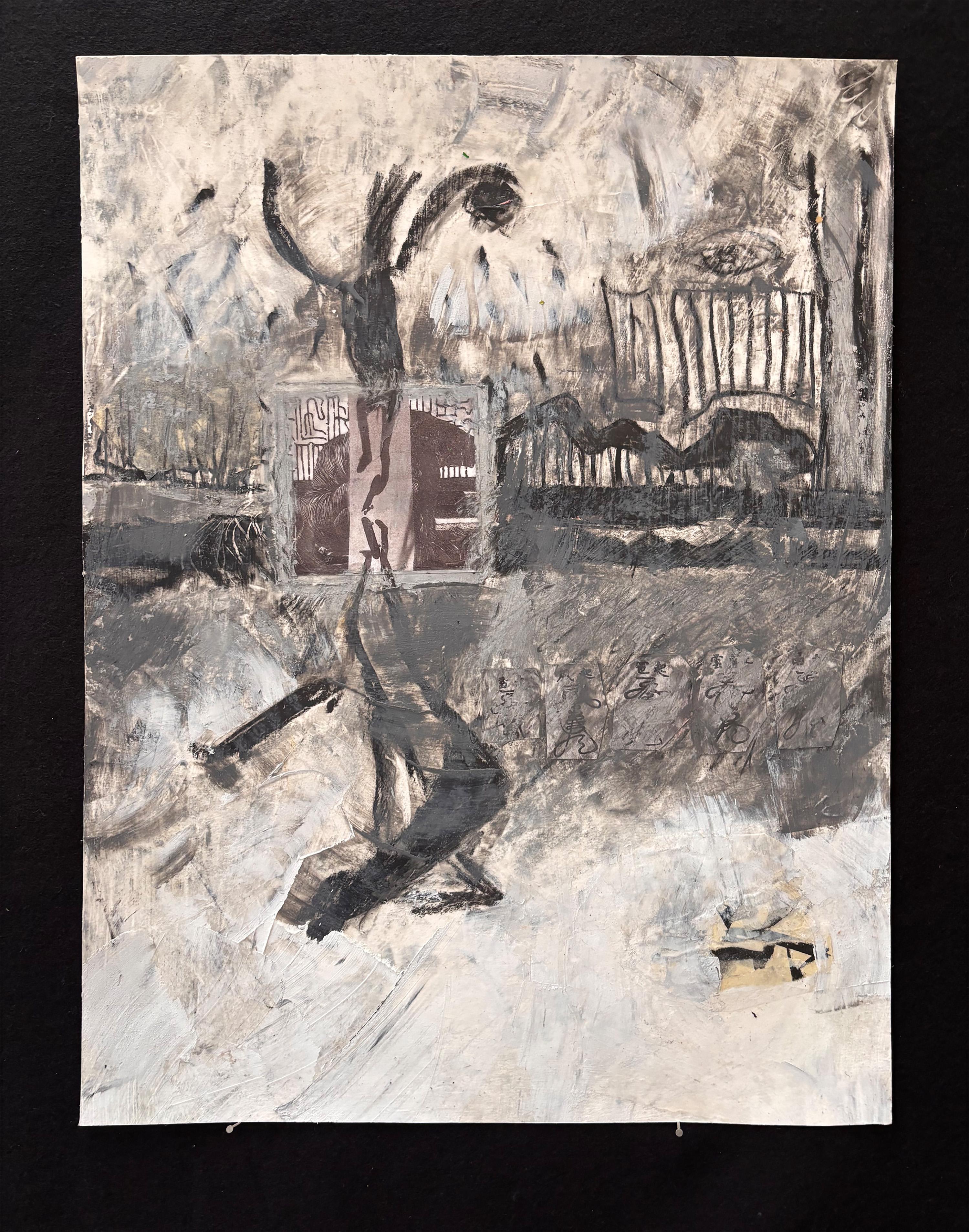 Skateboarder as Jester, with cold wax, graphite, and collage on paper, 2024.