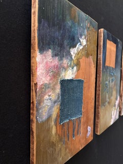 Triptychon Indigo Rain - Enkaustik, Papier, Stoff und Draht auf Platte