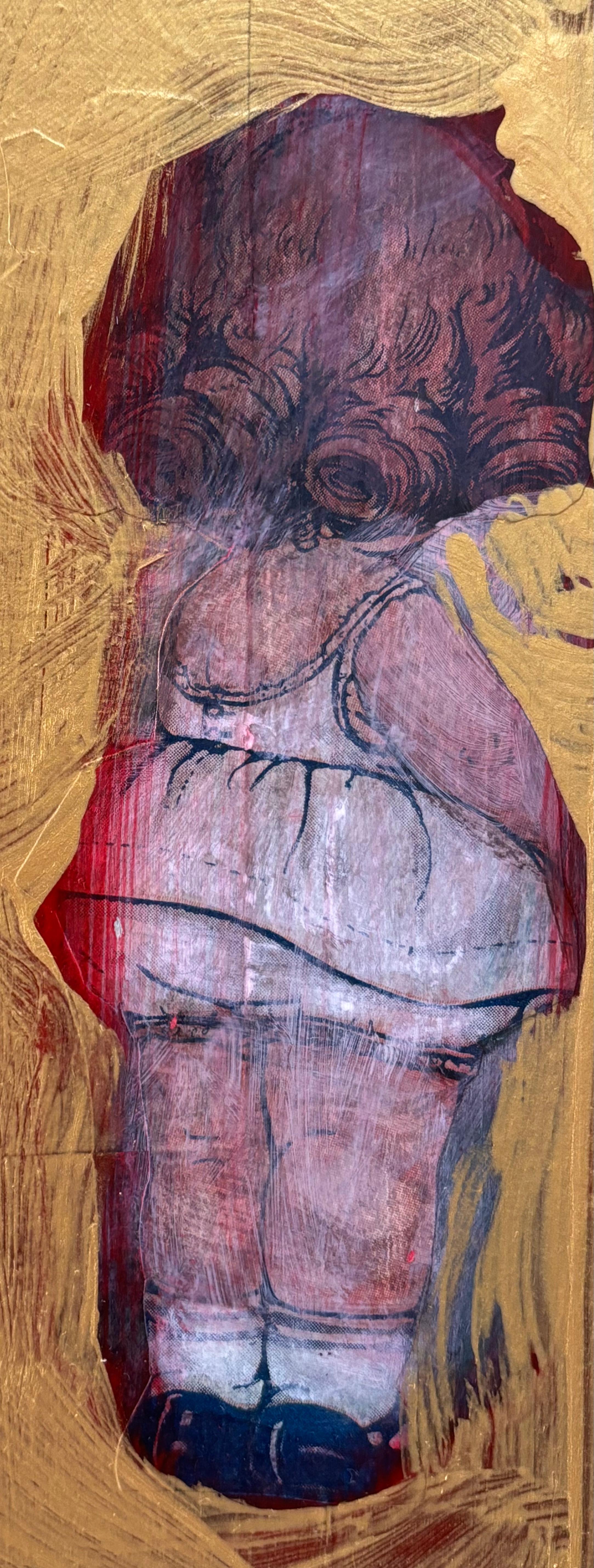 Small Wooden Pieces I: Diptychon: Dolly mit Film und Dolly mit Fächer (Braun), Figurative Painting, von Majio