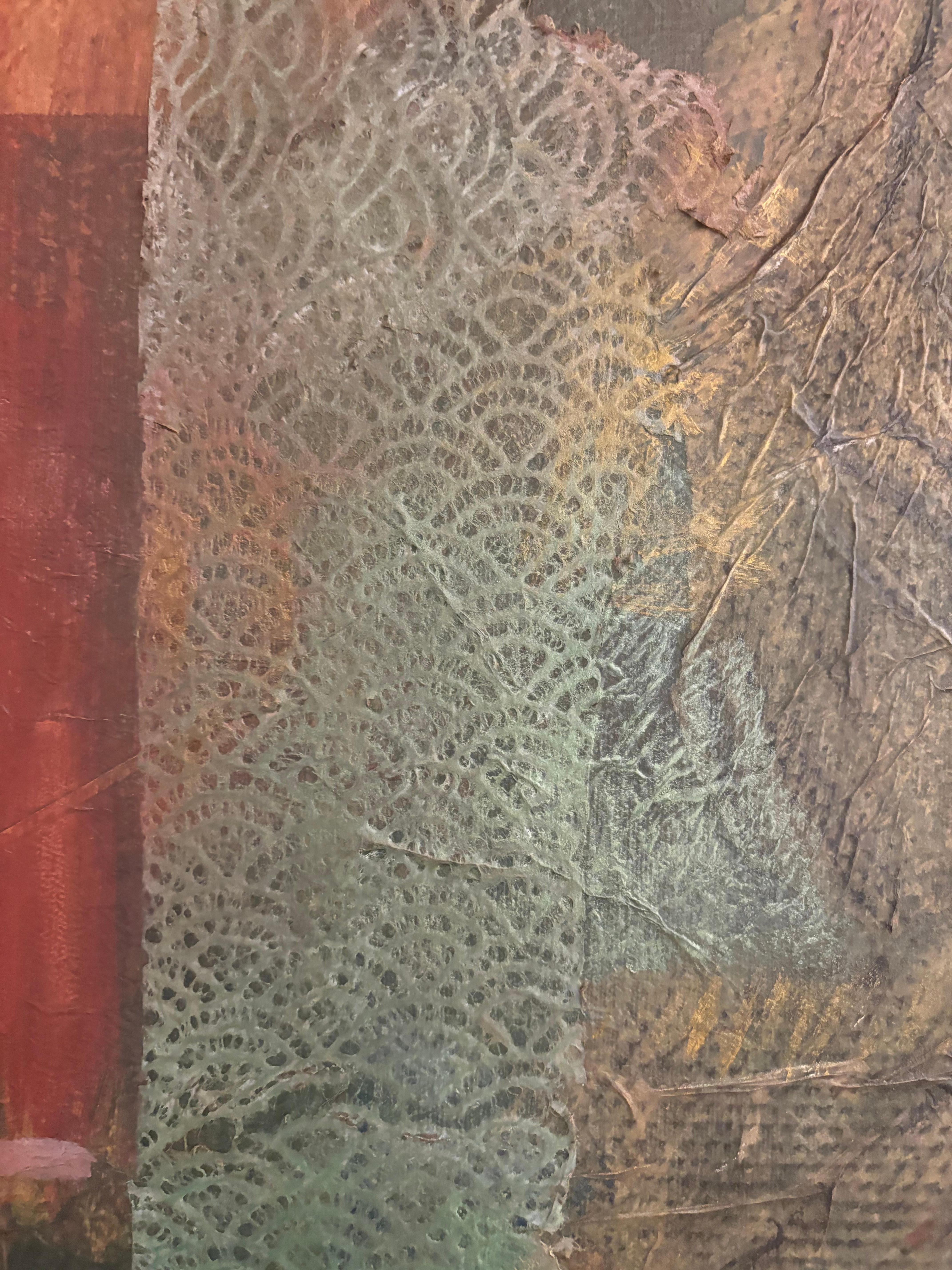 In Instruments Waiting, acrylic paint-gold and rust, handmade paper with tissue paper conjures a sense of things found in an ancient site filled with objects yet to be identified. These instruments radiate a specific life force, longing to be