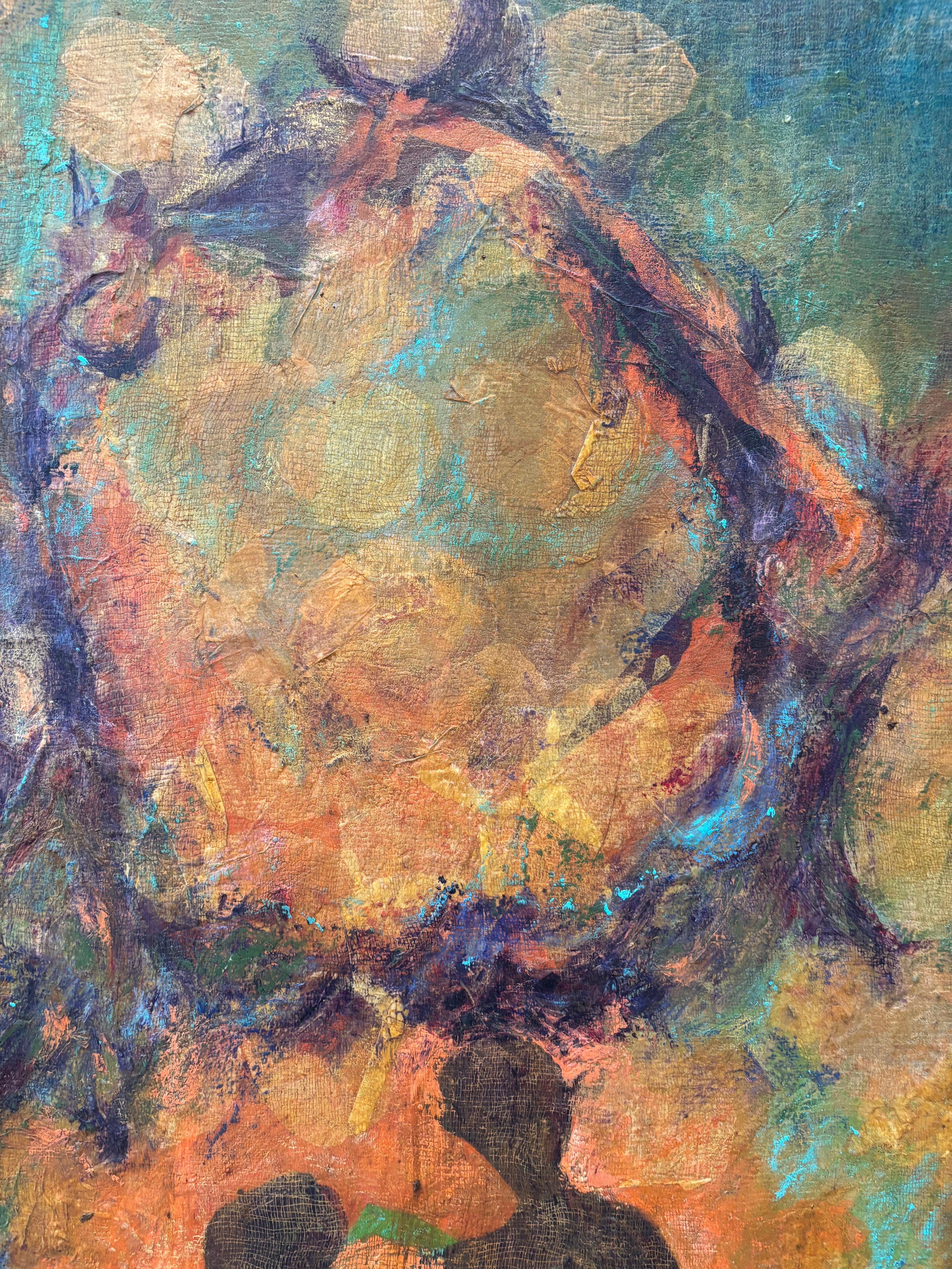 Antepasados: Ancestros Ascendiendo cera fría, pintura al óleo y papel impreso sobre lienzo. - Painting de Majio