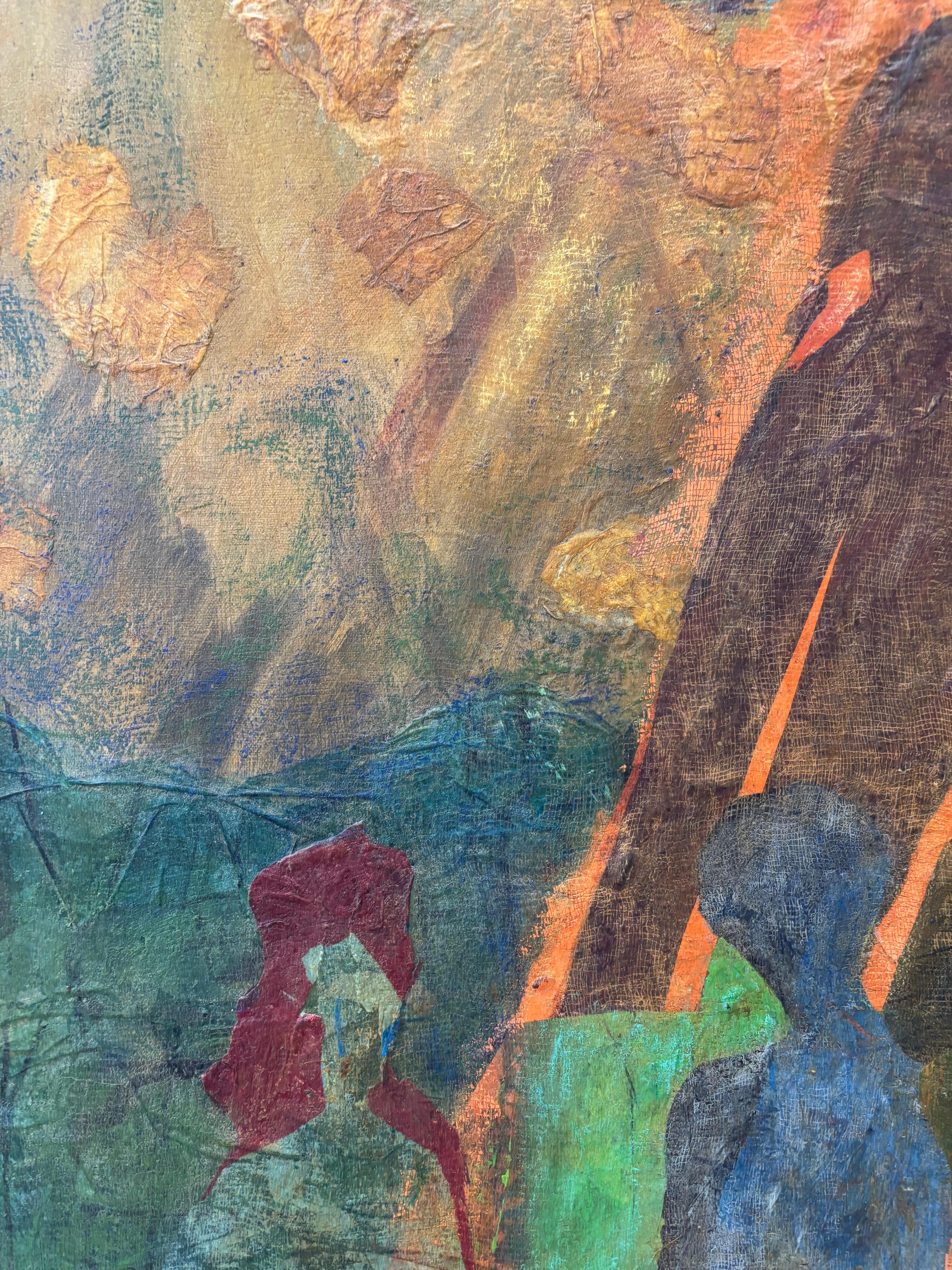 Antepasados: Ancestros Ascendiendo cera fría, pintura al óleo y papel impreso sobre lienzo. - Painting Otro estilo de arte de Majio