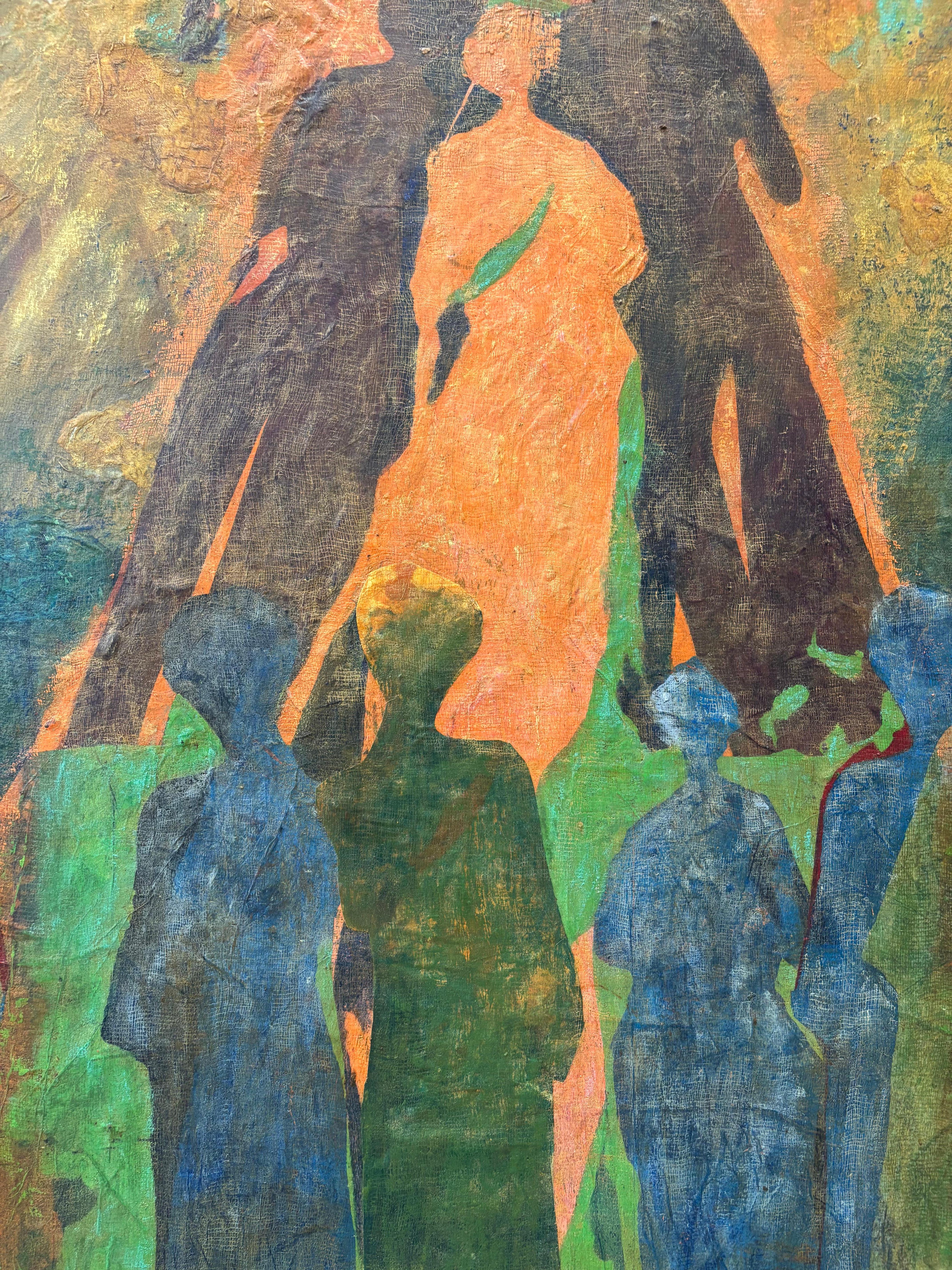 Antepasados: Ancestros Ascendiendo cera fría, pintura al óleo y papel impreso sobre lienzo. - Figurative Painting Marrón de Majio