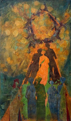 Antepasados: Ancestros Ascendiendo cera fría, pintura al óleo y papel impreso sobre lienzo.
