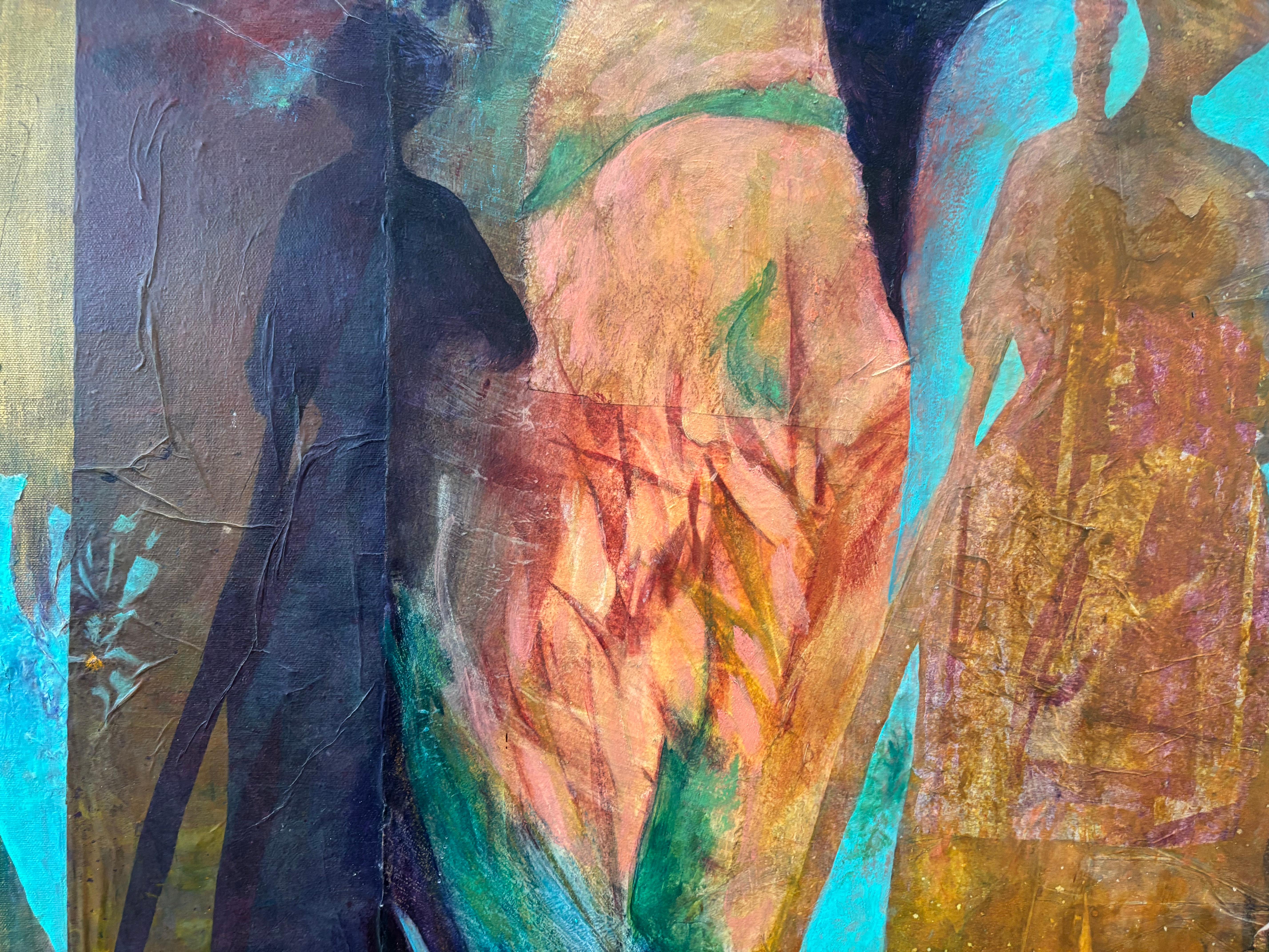 Ancestors at the Threshold (Vorfahren an der Schwelle) mit Kaltwachs-Seidenpapier-Monoprints auf Leinwand erzählt von der Kreuzung der Welten, wo sich die Richtungen ändern, vorwärts und zurück. Sie zeigt eine tiefere Wahrnehmung der Zeit als die,