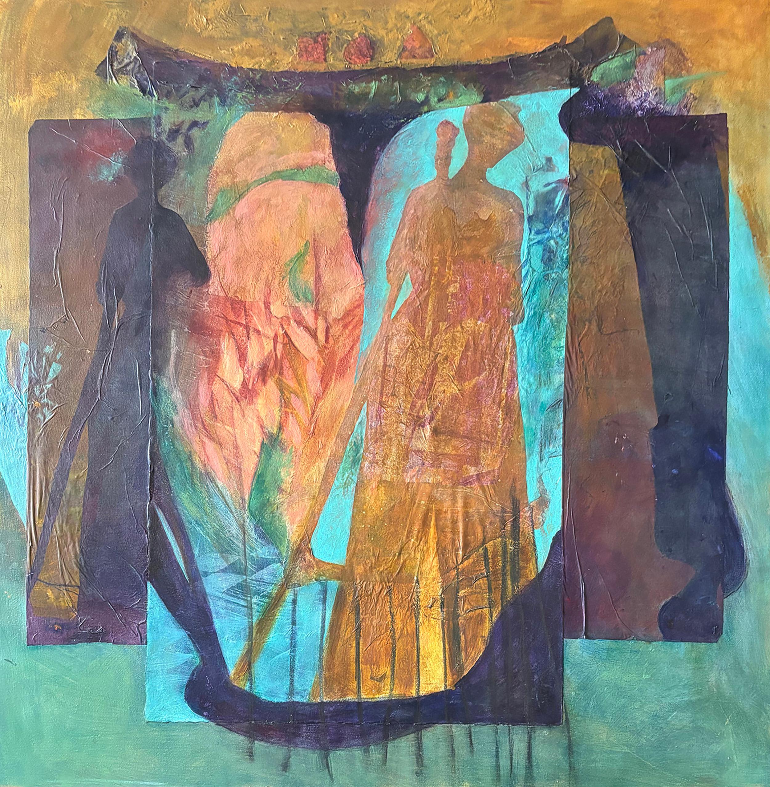 Majio Figurative Painting - Ancestors at the Threshold-Cold wax, monoprints on tissue paper, acrylic paint