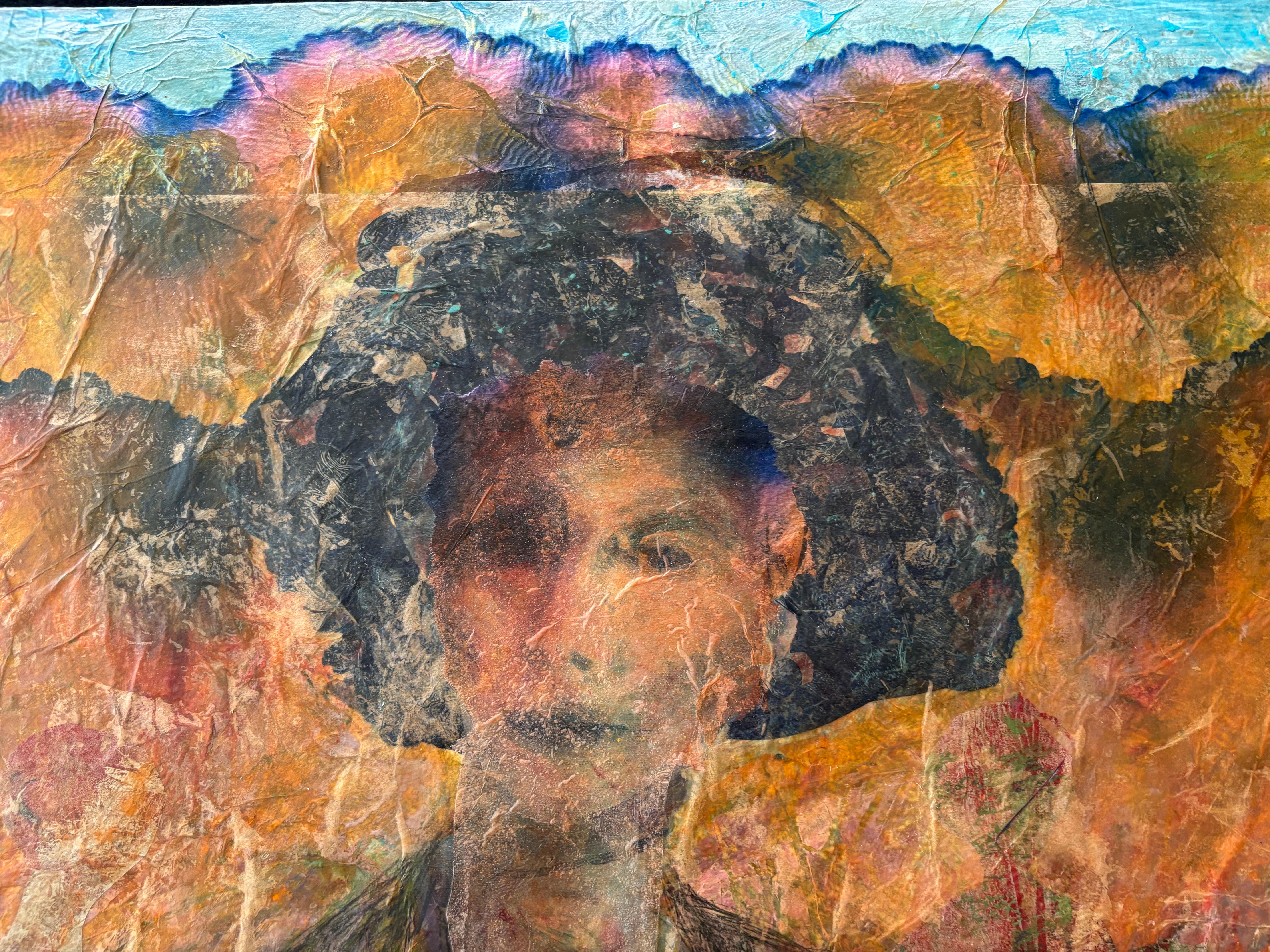 Vorfahren: JoyFool-Kaltwachs, Seidenpapier & Ölstift auf Acrylfarbe (Grau), Figurative Painting, von Majio