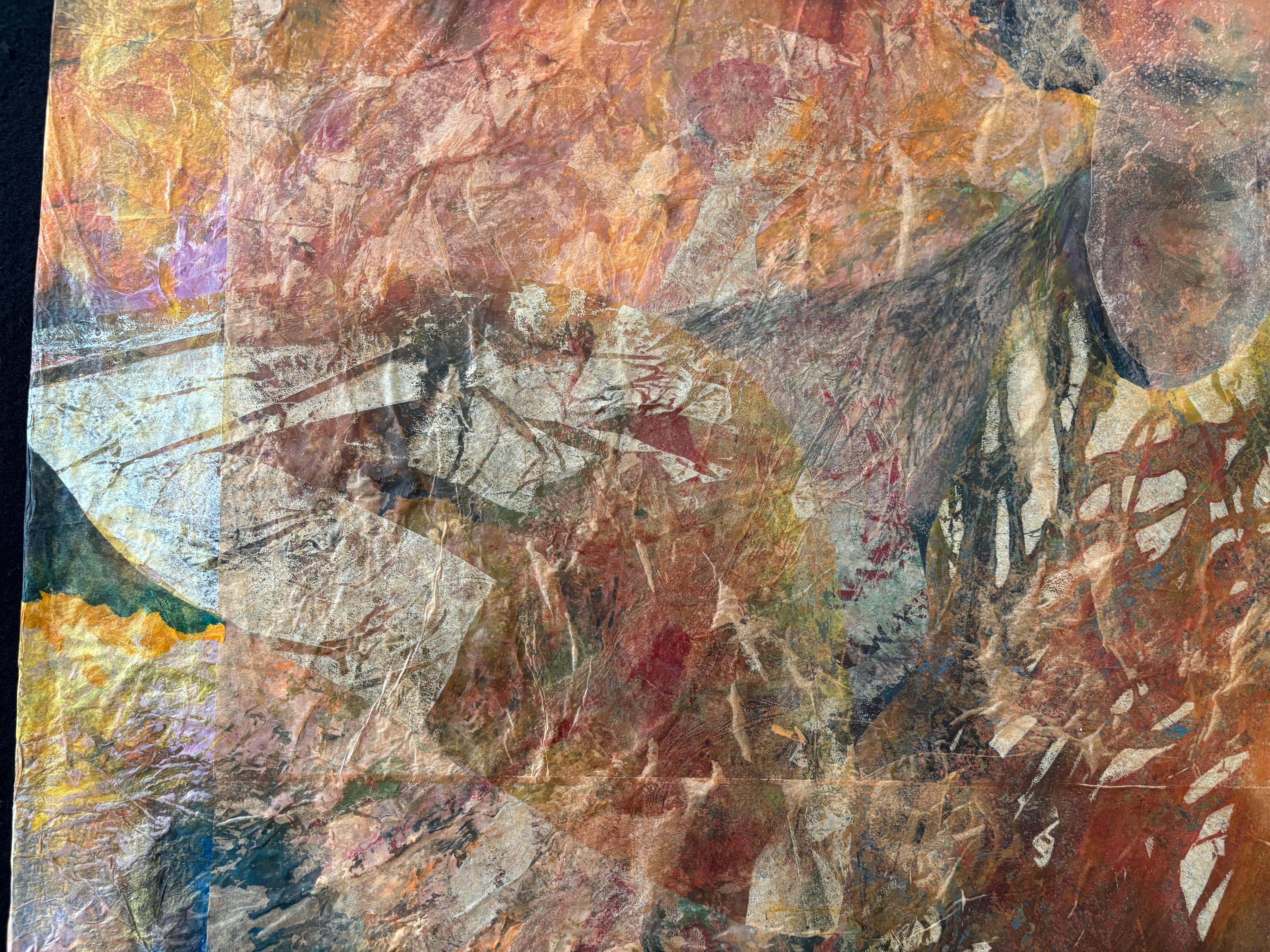 JoyFool, mit Acryl, Kaltwachs, Monoprints auf Seidenpapier und Ölstift, entstand aus dem Narren, als ich mich mit dem Unterschied zwischen Freude und Glück auseinandersetzte und zu der Erkenntnis gelangte, dass Glück von außen angeregt wird und