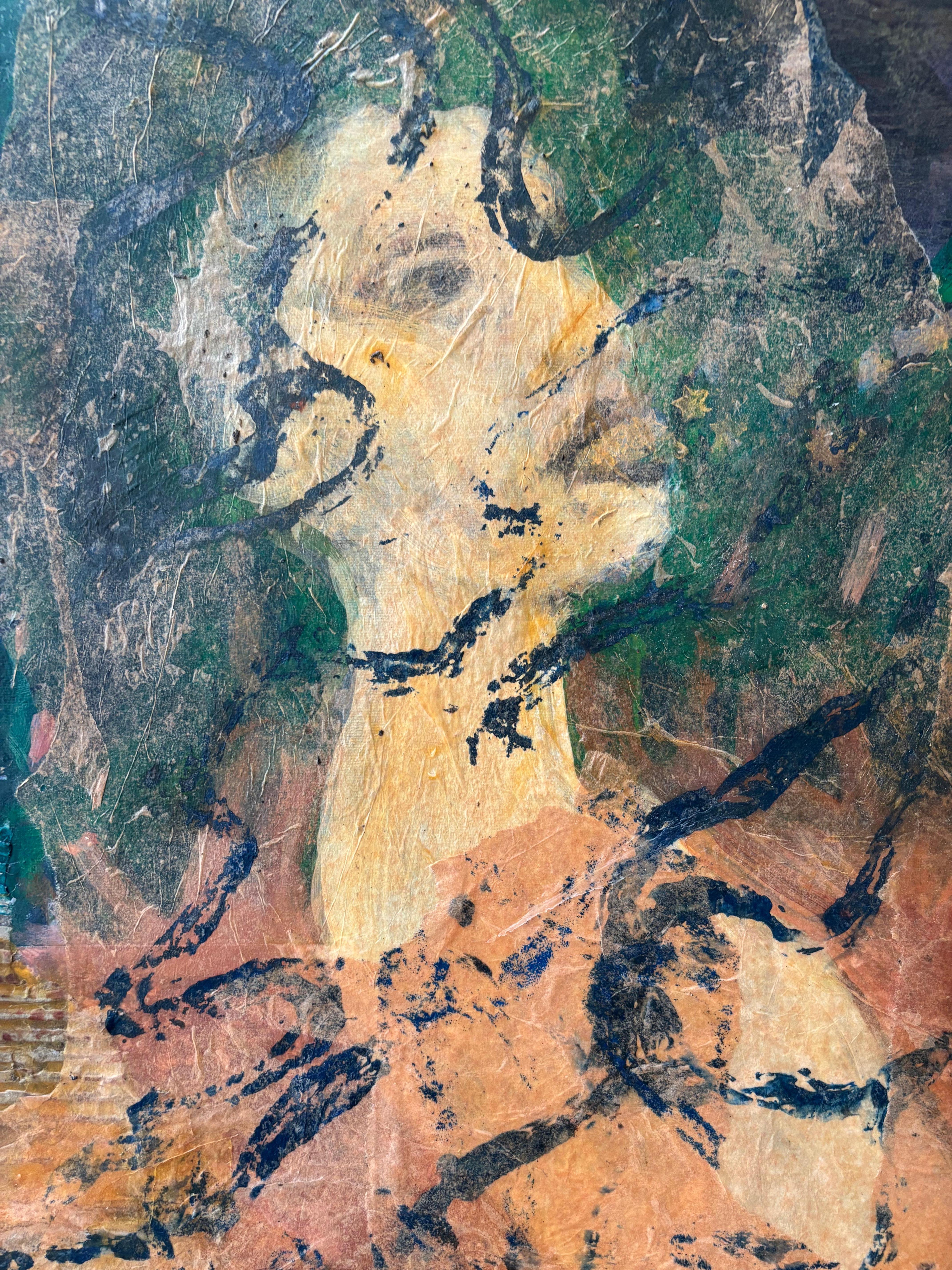 Ancestors: Moon Drummer-Acrylic paint, cold wax, tissue paper & oil stic - Painting by Majio