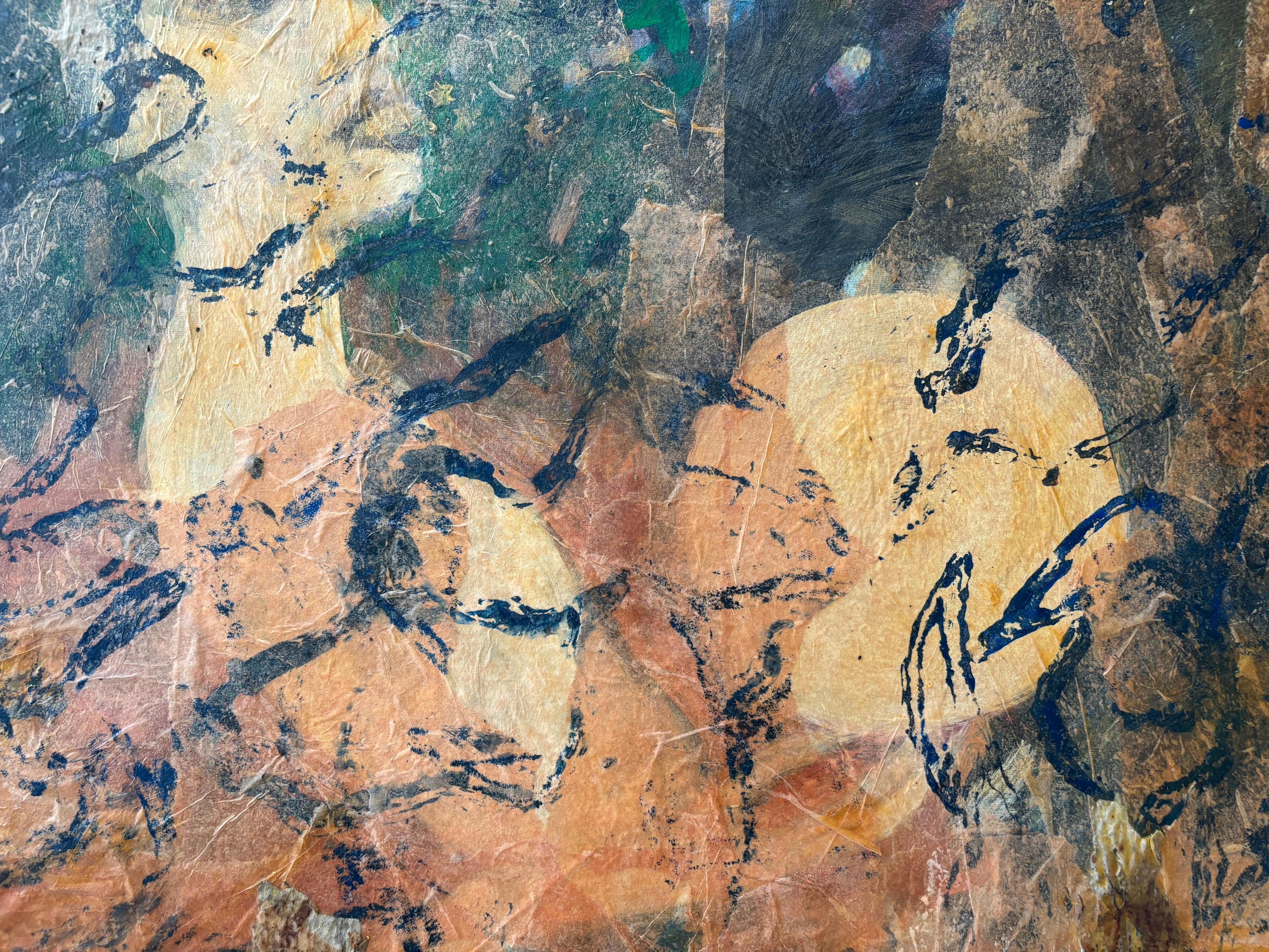 Ancestors: Moon Drummer-Acrylic paint, cold wax, tissue paper & oil stic - Other Art Style Painting by Majio