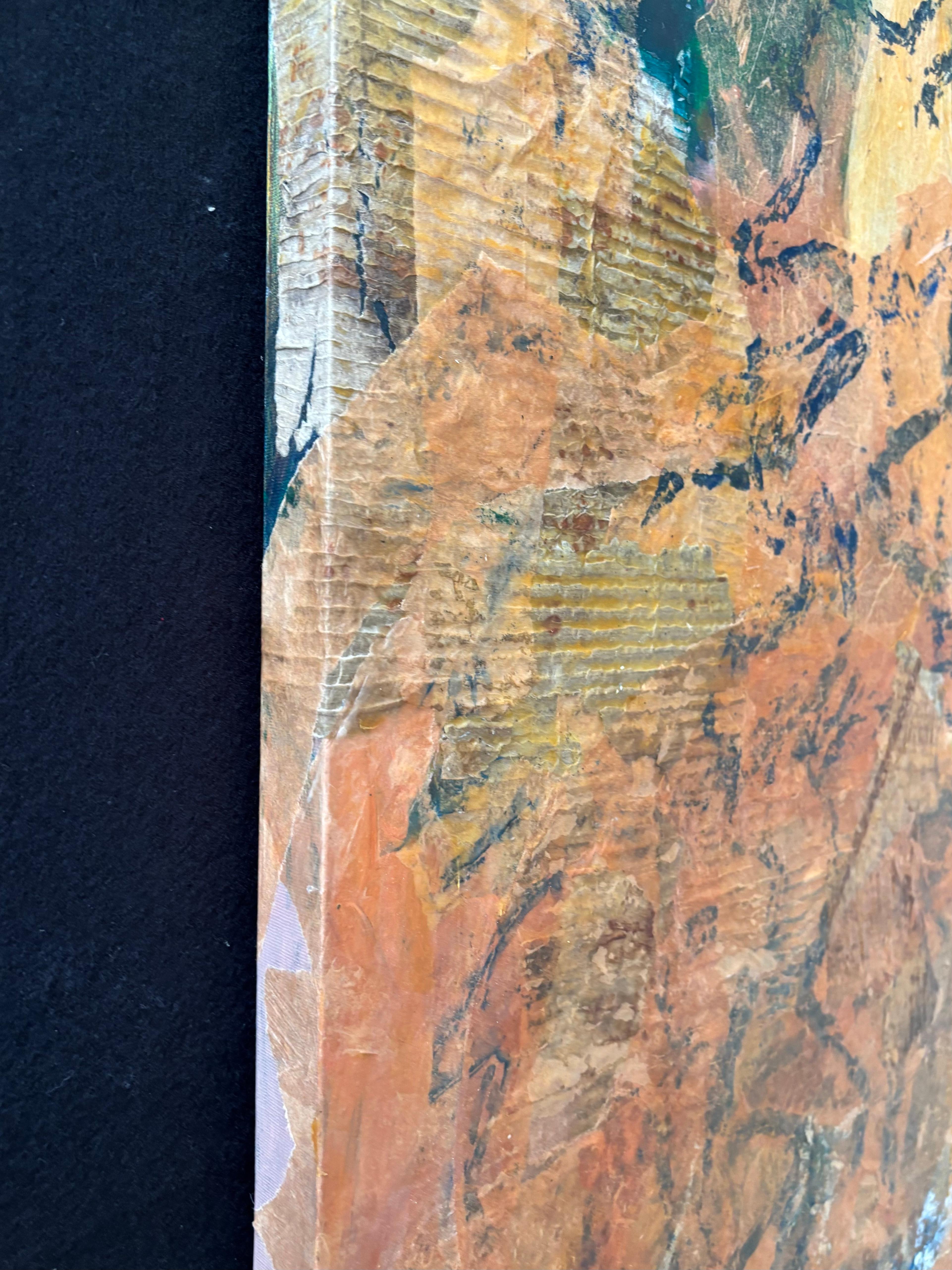 Moon Drummer acrylic paint base with cold wax, monoprints on tissue paper & oil stick is an archetypal figure standing in the surf with forests sprouting from her head and shoulders. She is wrapped in sand drumming the full moon to call in the