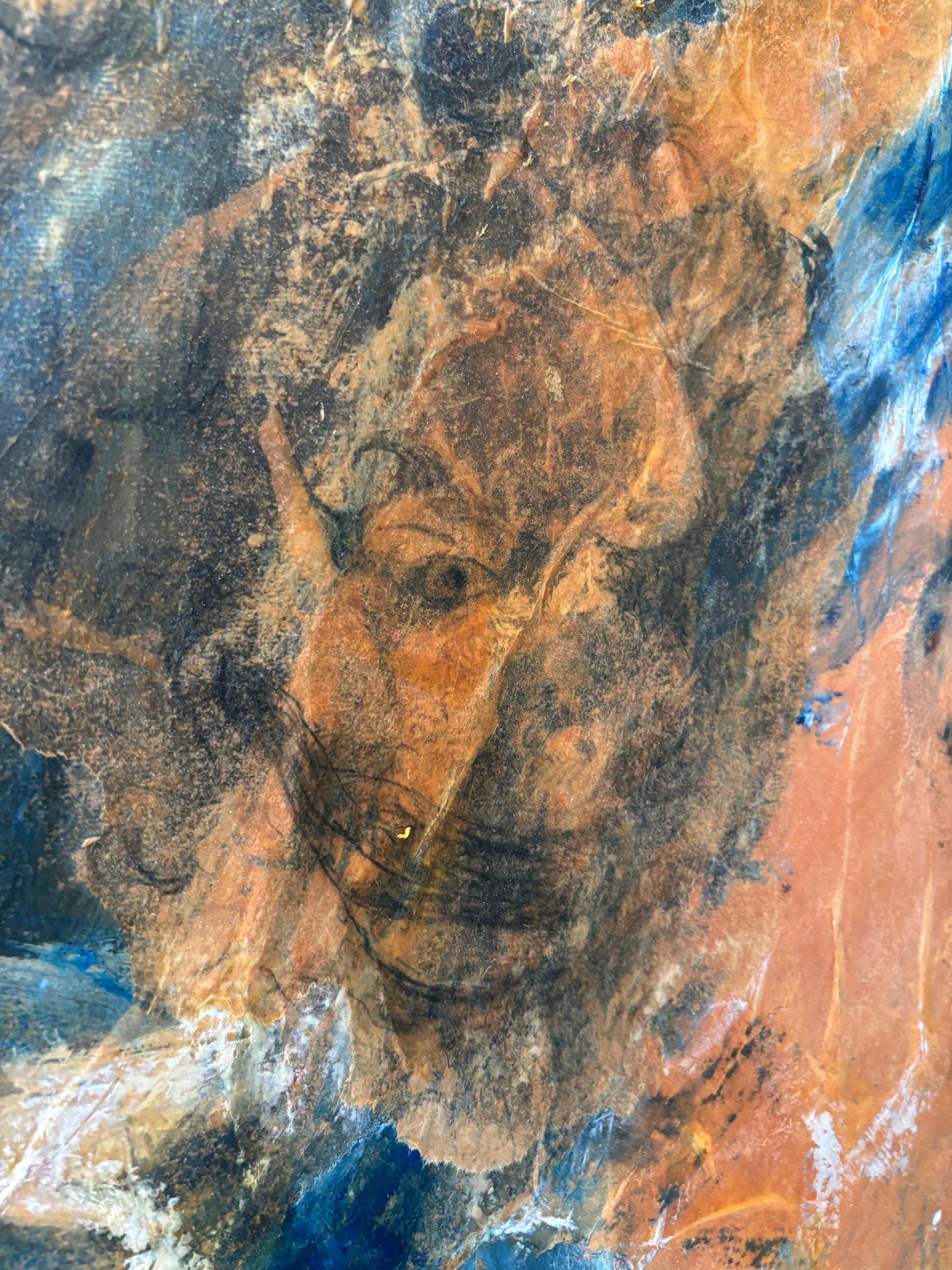 Ancestors: Moon Drummer-Acrylic paint, cold wax, tissue paper & oil stic For Sale 1