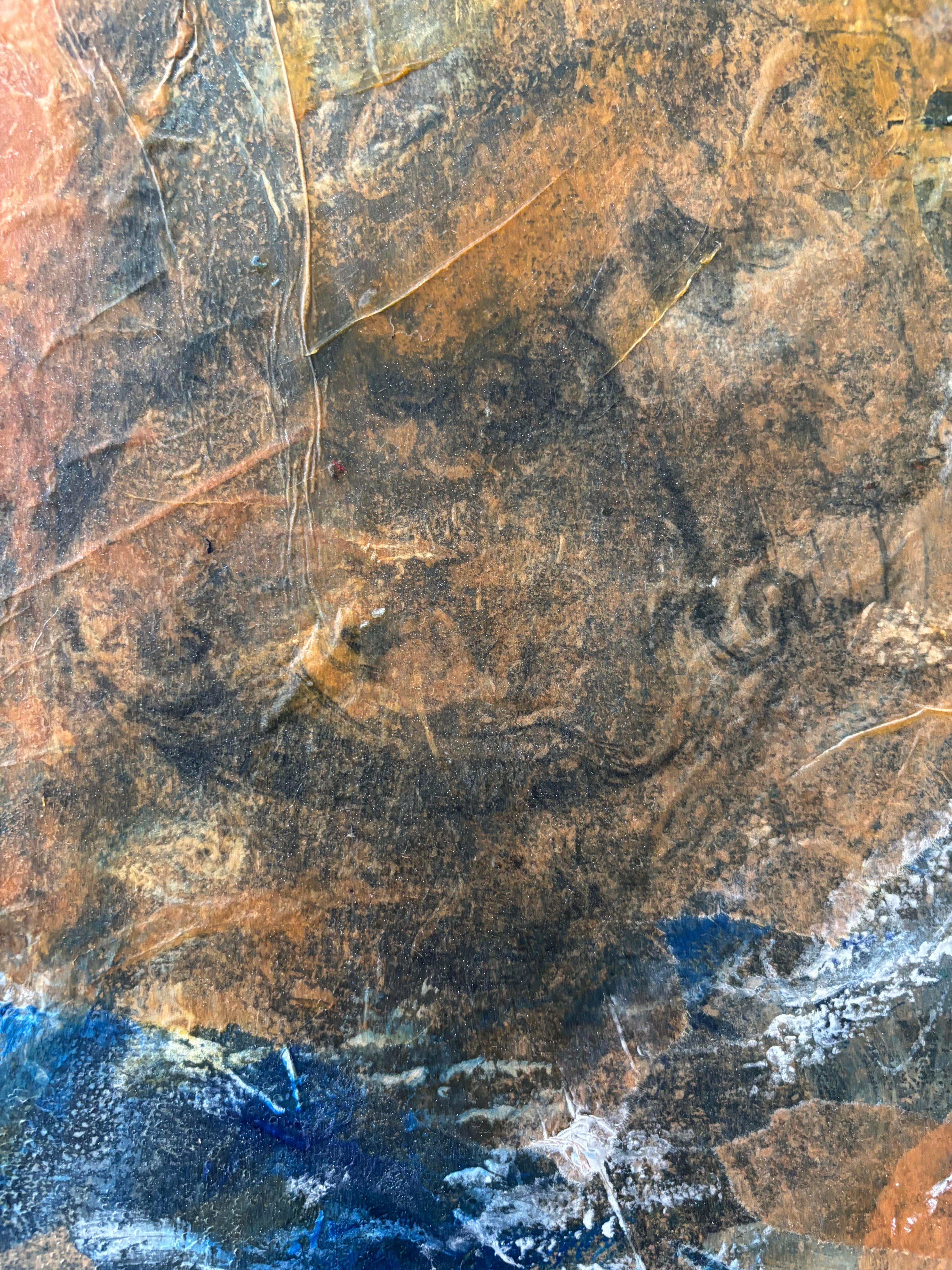 Ancestors: Moon Drummer-Acrylic paint, cold wax, tissue paper & oil stic For Sale 2