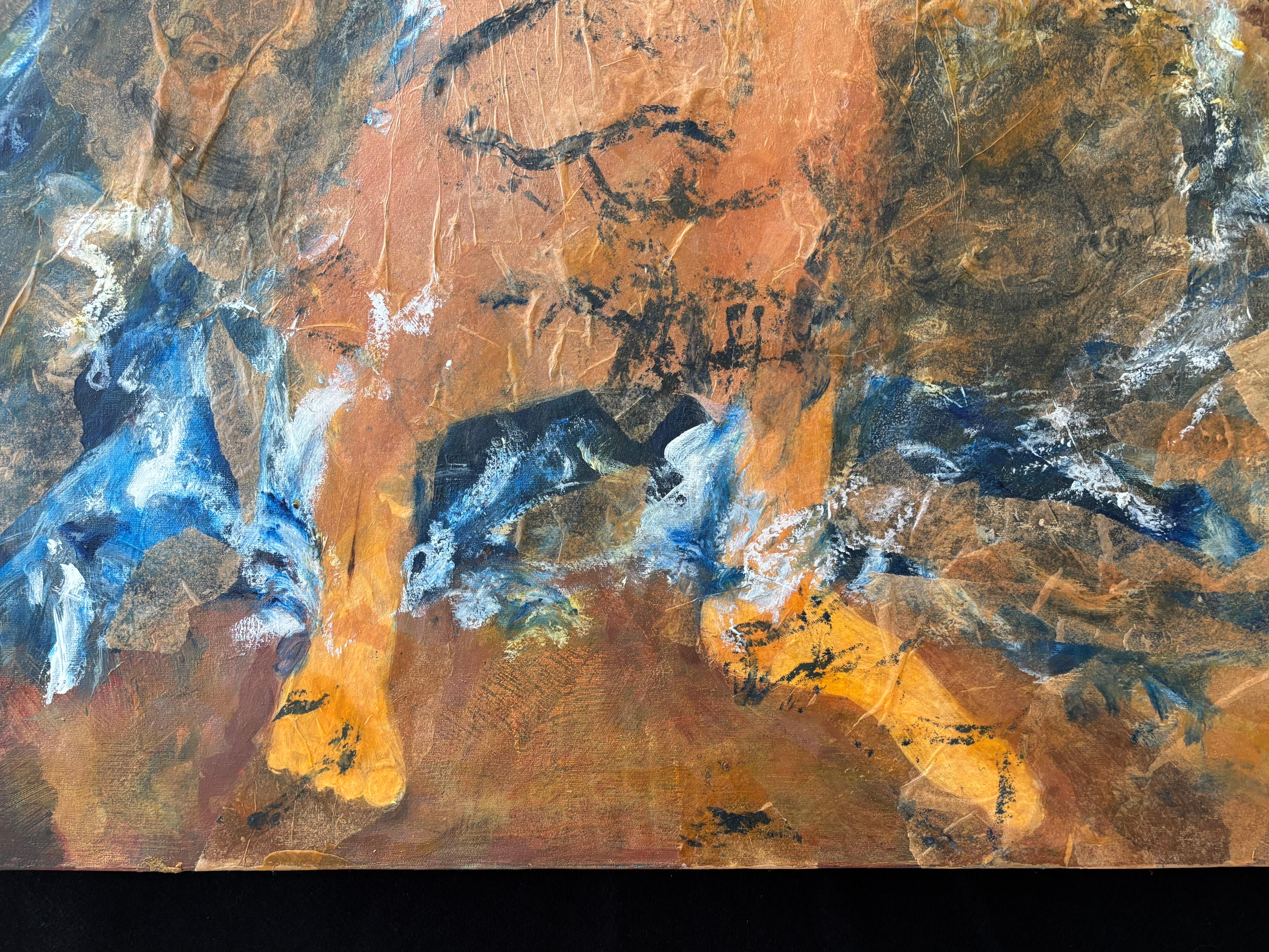 Ancestors: Moon Drummer-Acrylic paint, cold wax, tissue paper & oil stic For Sale 3