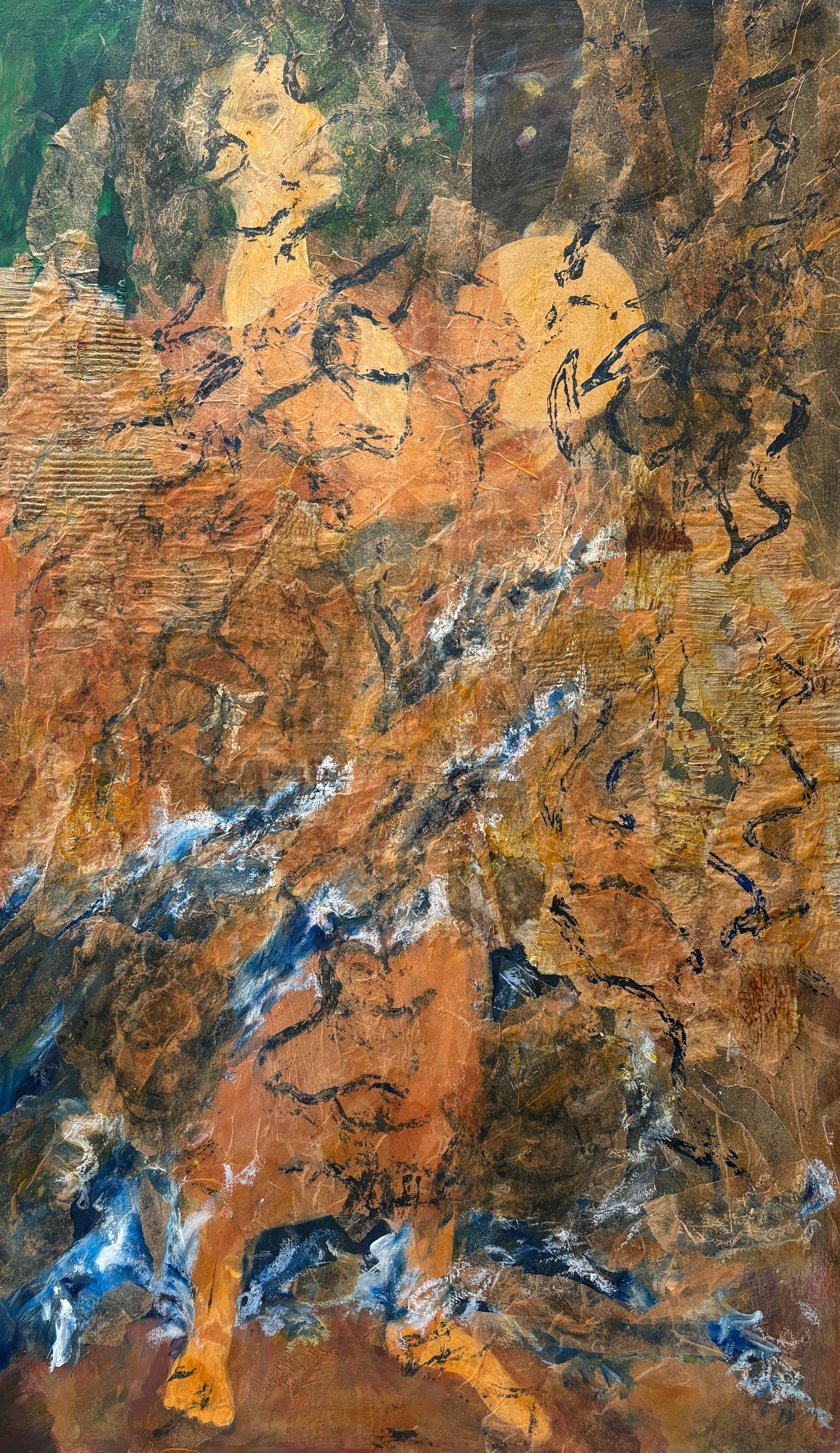 Majio Figurative Painting - Ancestors: Moon Drummer-Acrylic paint, cold wax, tissue paper & oil stic