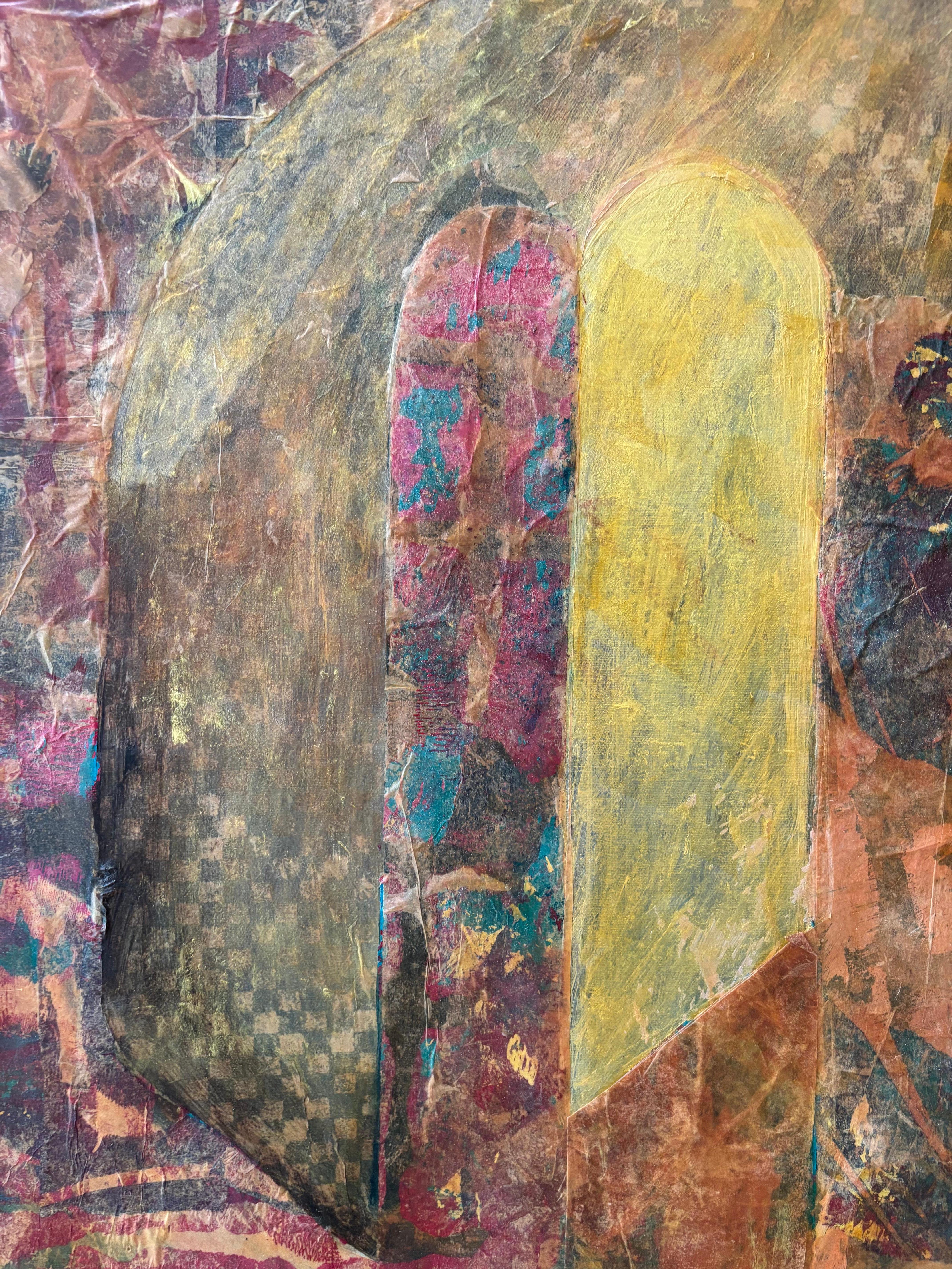 One Who Sees Through Pittura acrilica, cera a freddo, monoprint su carta velina e stick ad olio ha la visione di entrare nelle soglie. Esistono glifi magici taoisti per aprire quelle porte in cui ha la capacità di vedere negli strati della realtà.