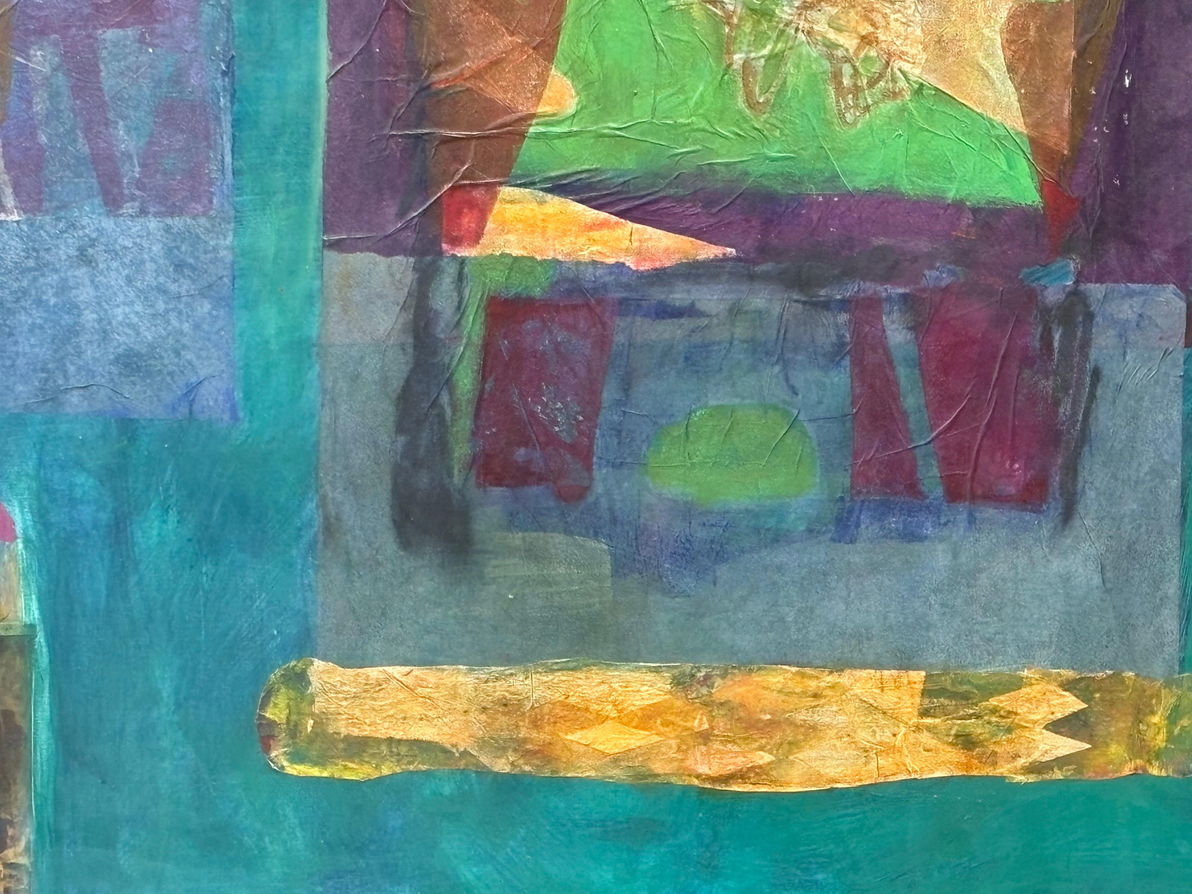 Ancient One, acrylic paint and monoprint on canvas is staged with fluttering gingko leaves, the oldest living tree species predating dinosaurs. The central image is hand to mouth---how we keep alive. It is also mouth to hand--- conceptual to