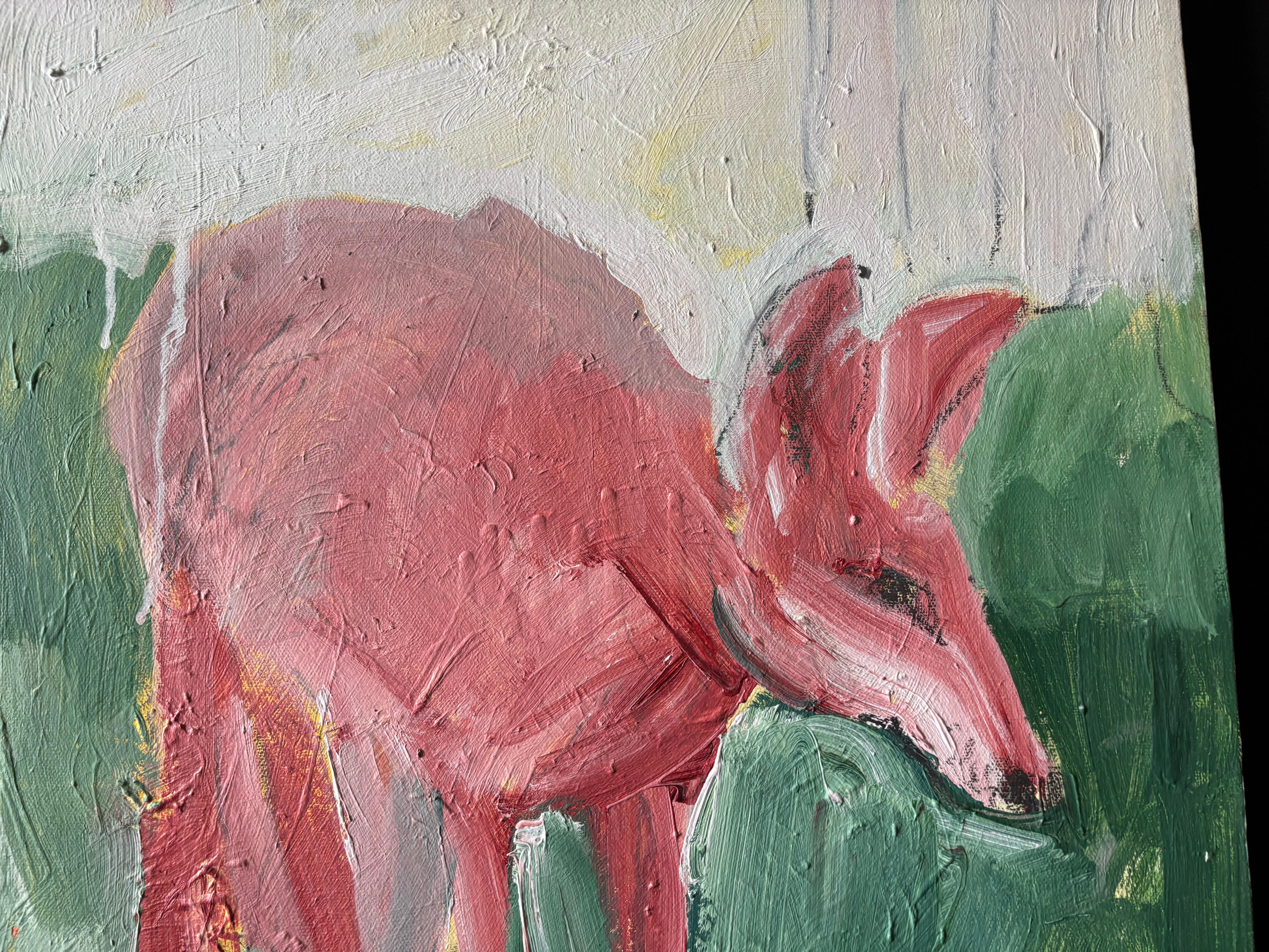 Acrylic paint on small canvas depicts Young Coyote learning the trade of trickster, not just as a folk story but as archetype that walks among the communities in New Mexico, turning things upside down with no guidelines of propriety. The individual