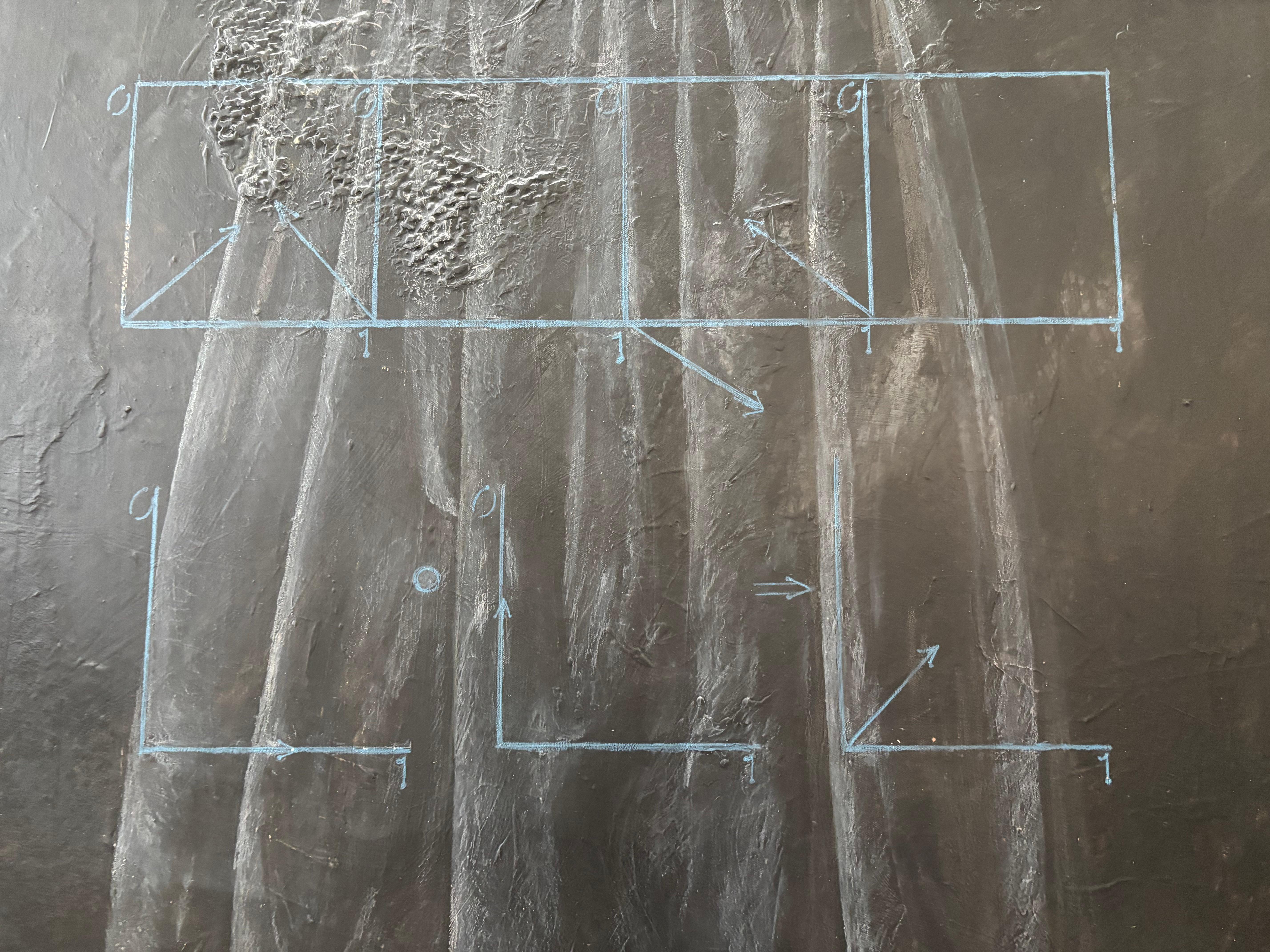 The blackboard formula in the painting Slip-of-Self is a qubit. Qubit as a non-binary computer does not function on memory but possibility, not moving only vertically or horizontally. The qubit arrows move to the-in-between spaces, into the