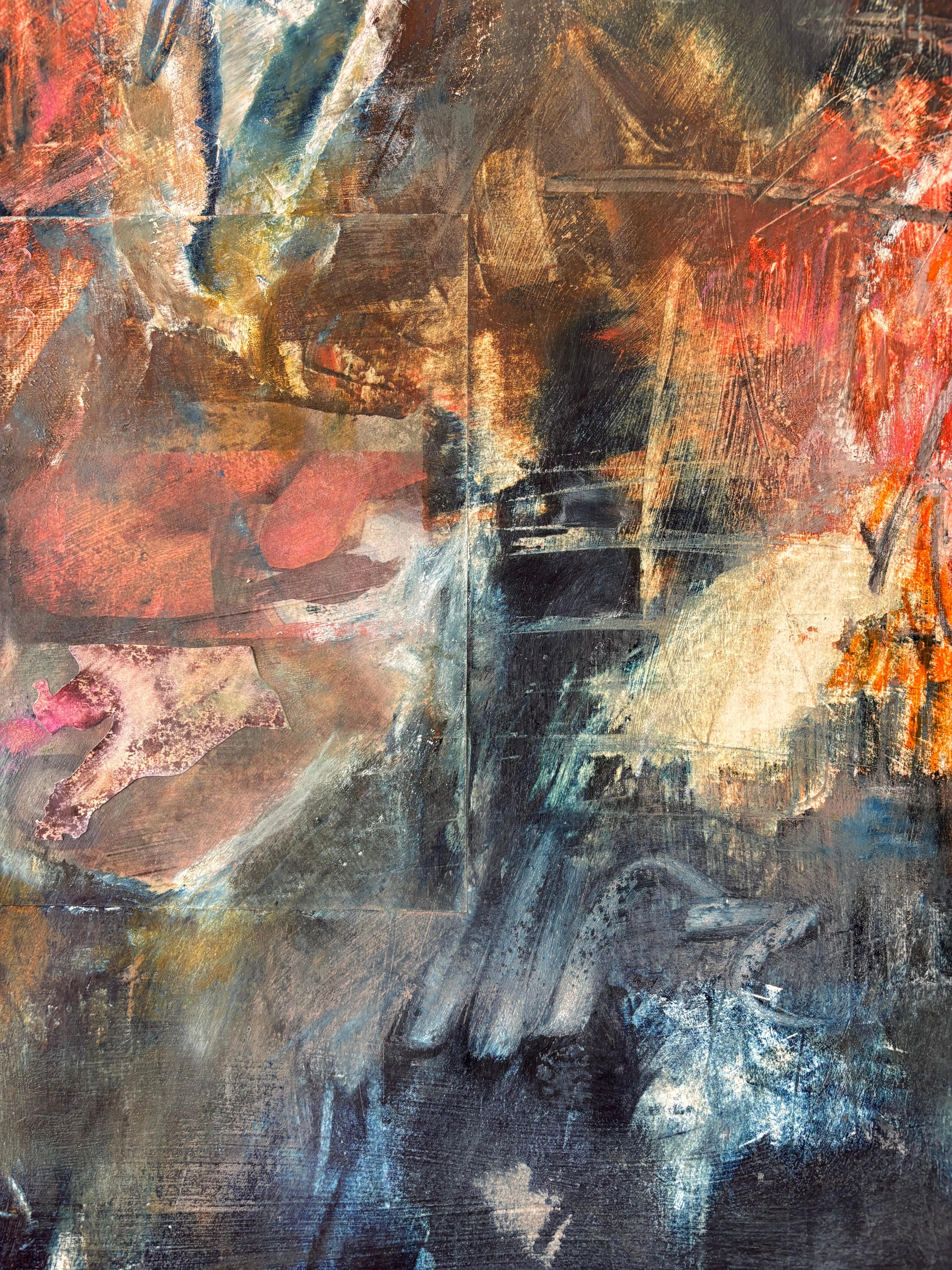 Climate Complexity, with layered monoprints and cold wax offers a complex image of what is simply in the moment. The deep time of earth geology is only graspable by deep imagination which we need as a resource. Just as our organization of life is
