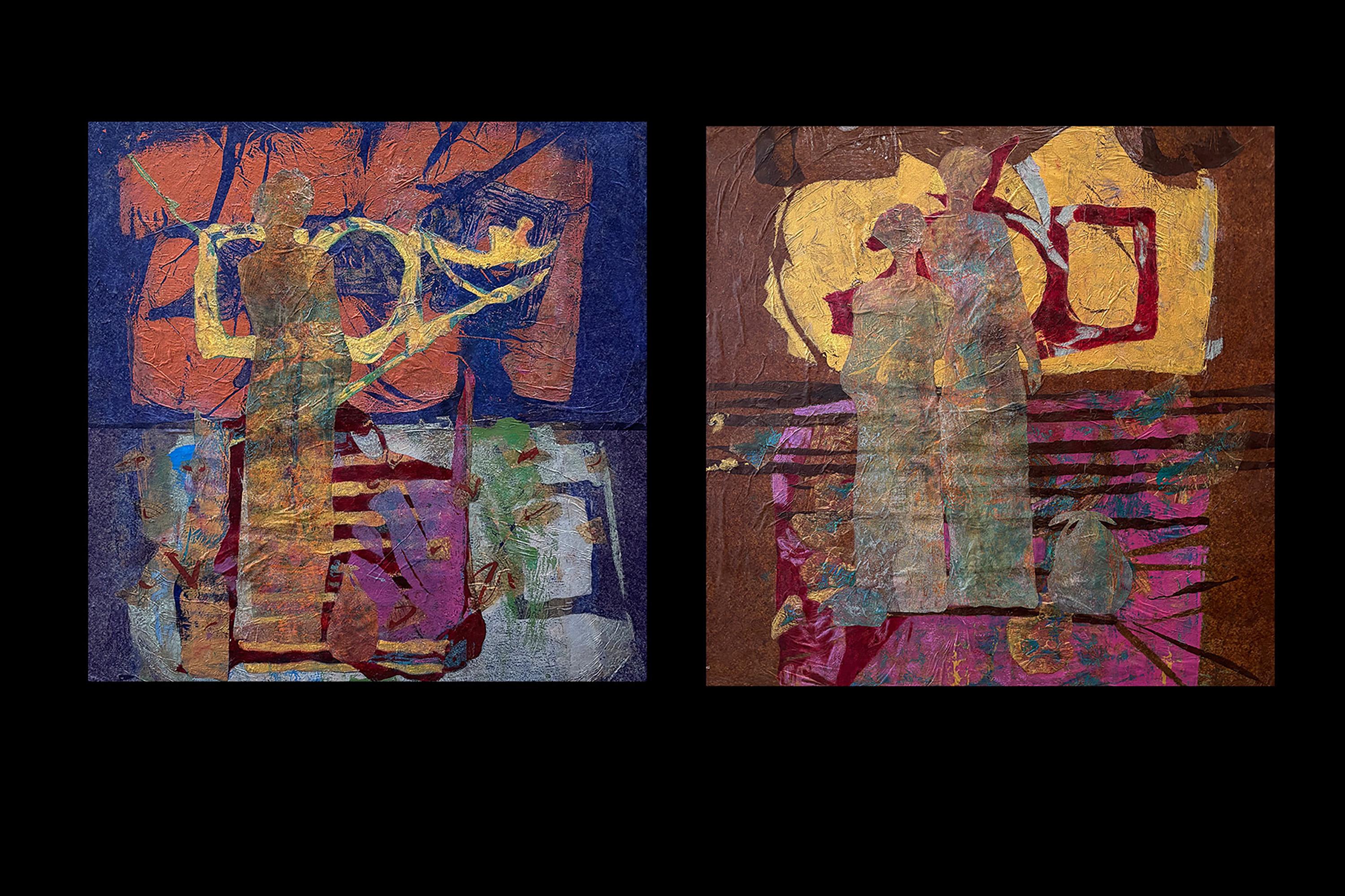 Figurative Painting Majio - Diptyque Ancestor in Transit, monographies à la cire froide et au papier de soie sur toile, 2021.