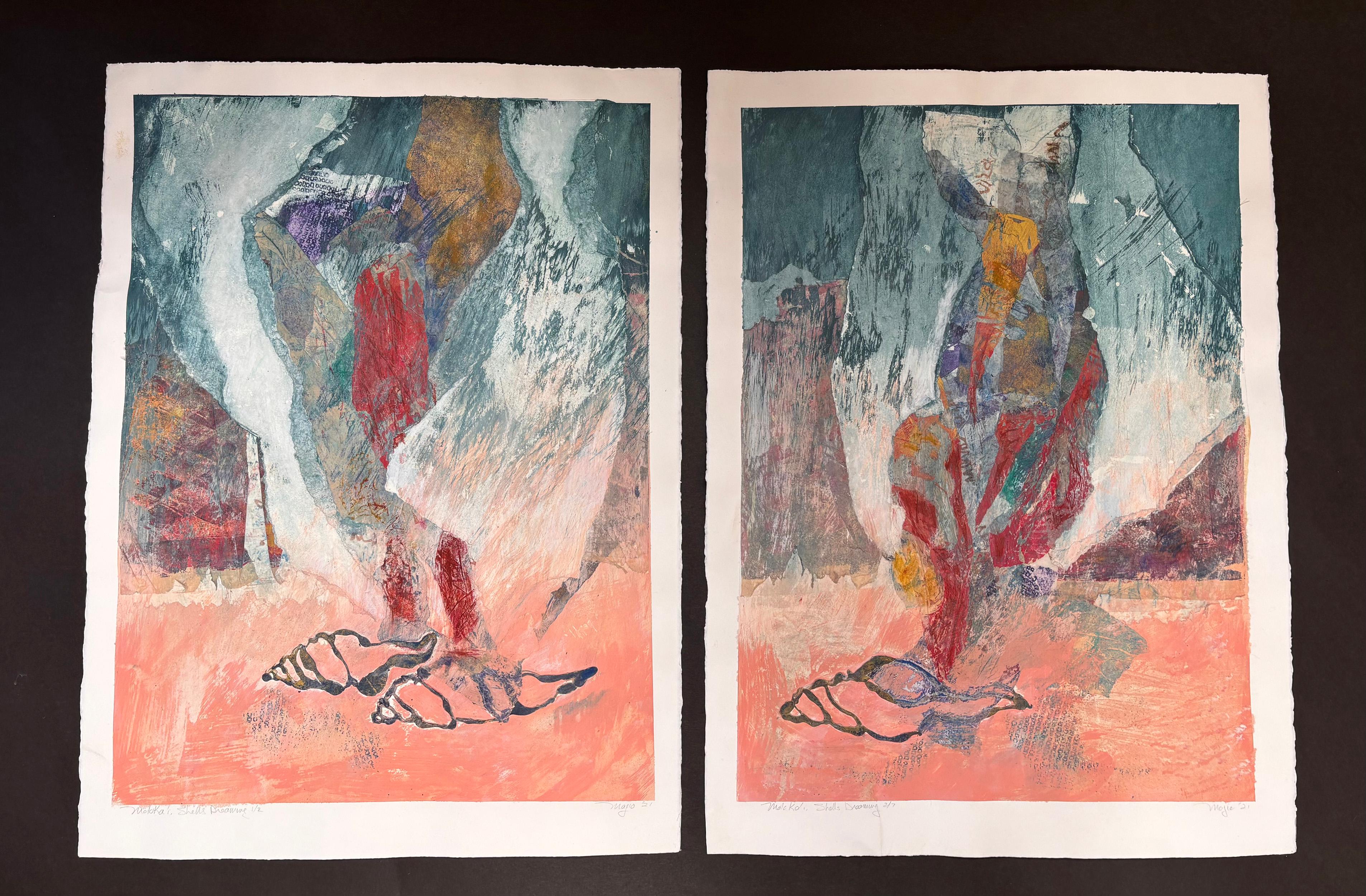 Diptych Moloka’i Shell Dreams-monoprints, rubber printing masks, tissue paper