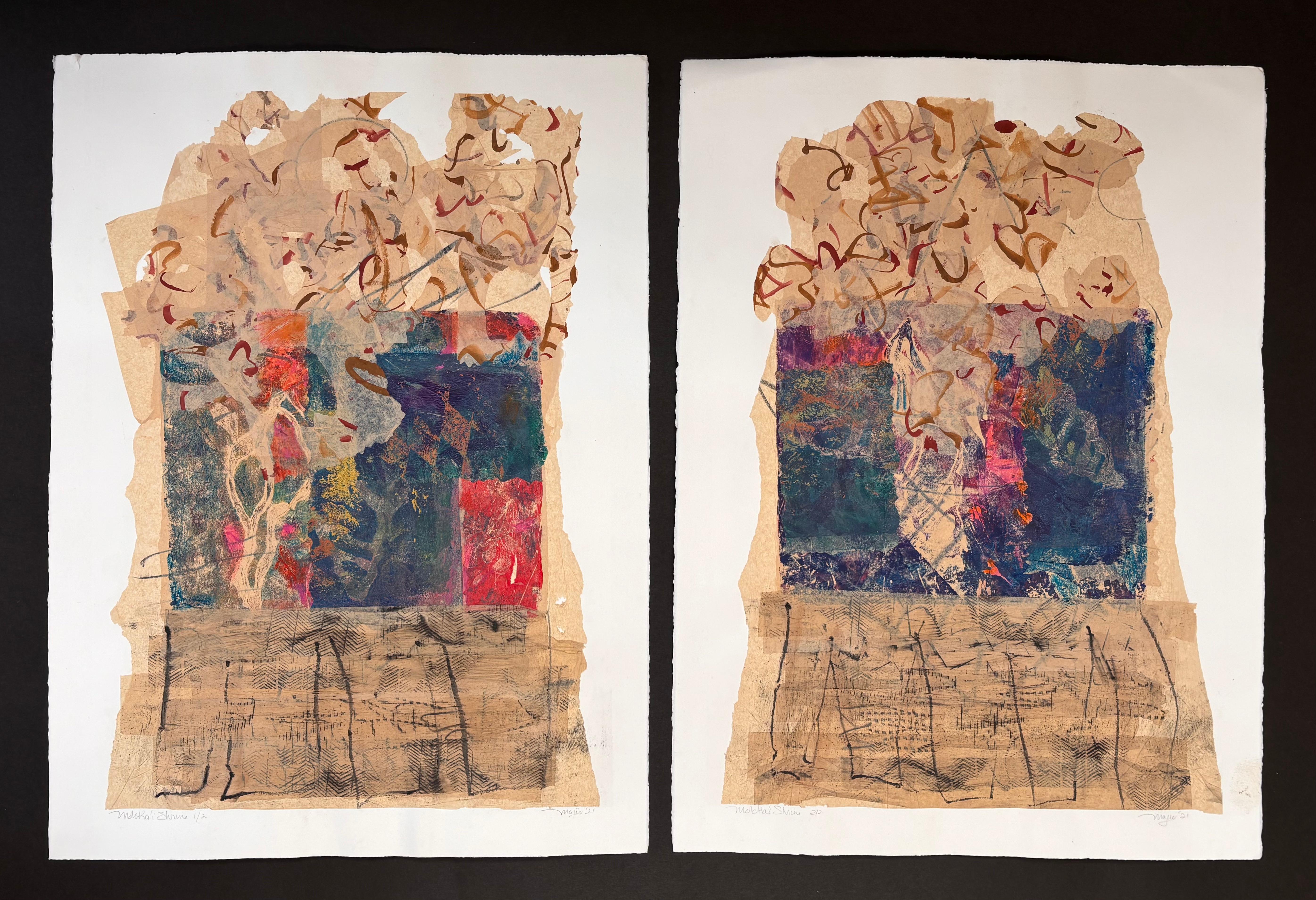 Diptych Moloka’i Shrine, monoprints, asemic calligraphy, graphite, tissue paper
