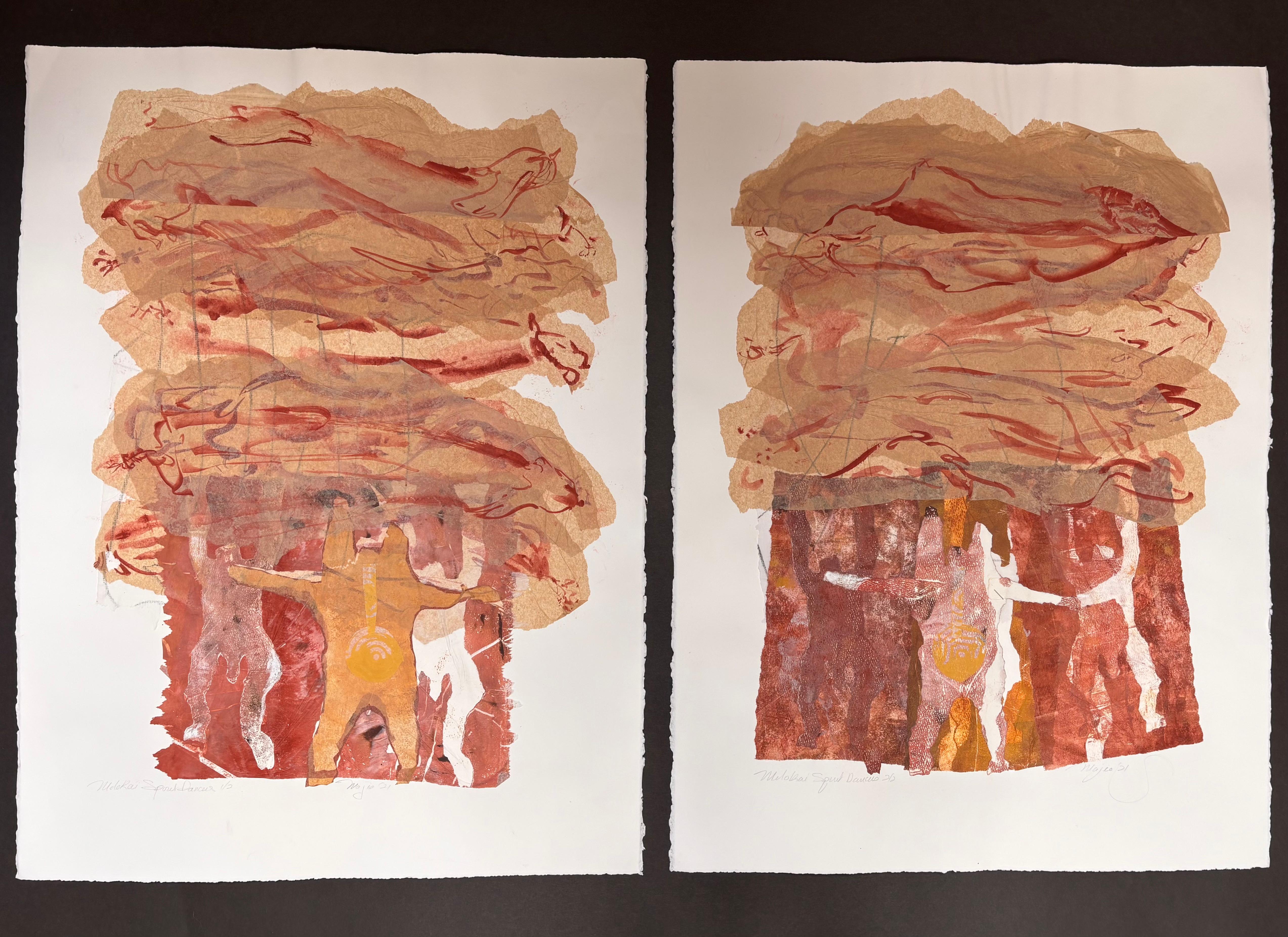 Majio Abstract Painting - Diptych Moloka’i Spirit Dances, Art Graf, tissue paper, monoprint.