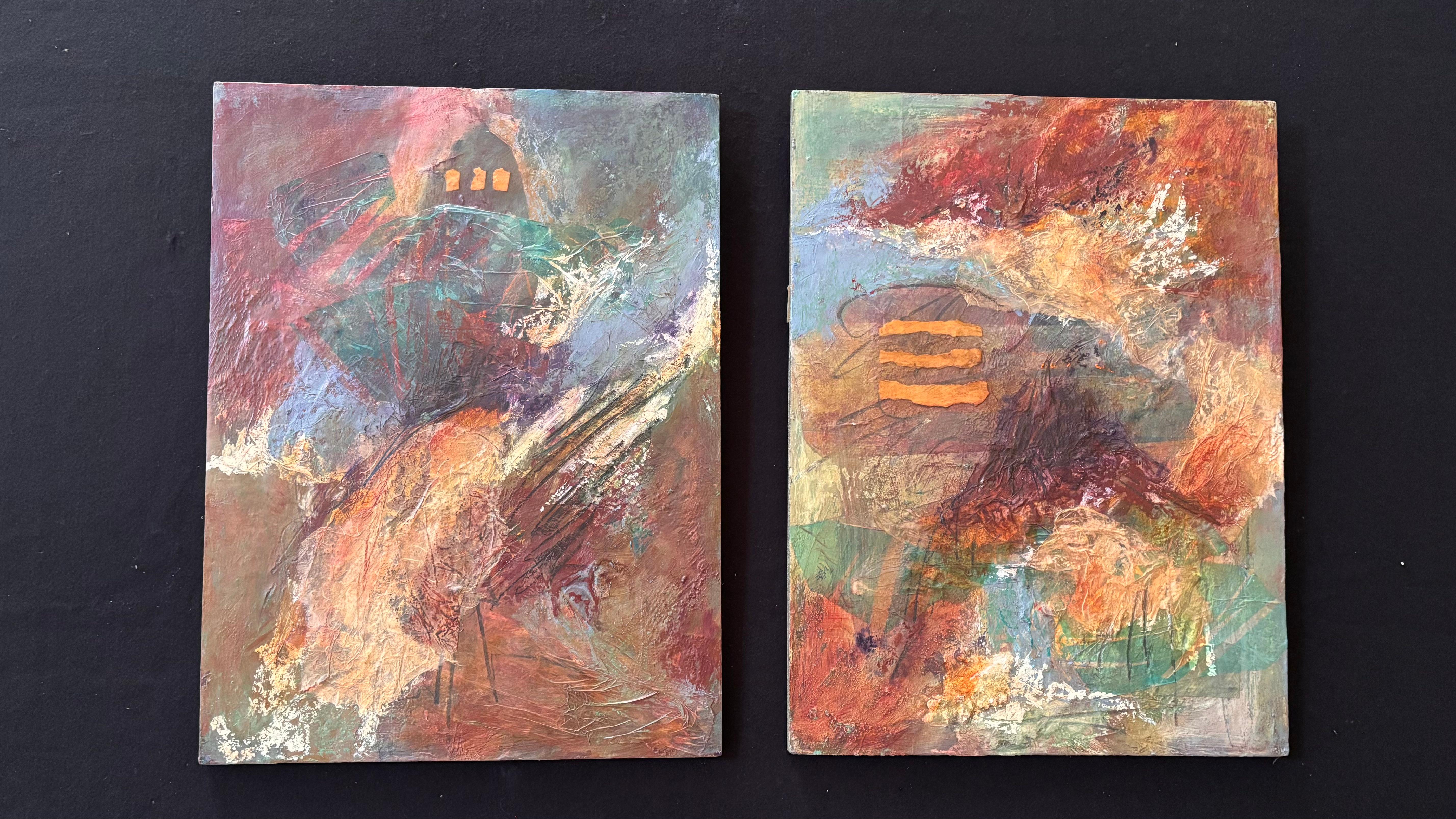 Diptych Pathways: cold wax, printed tissue paper, graphite, handmade paper