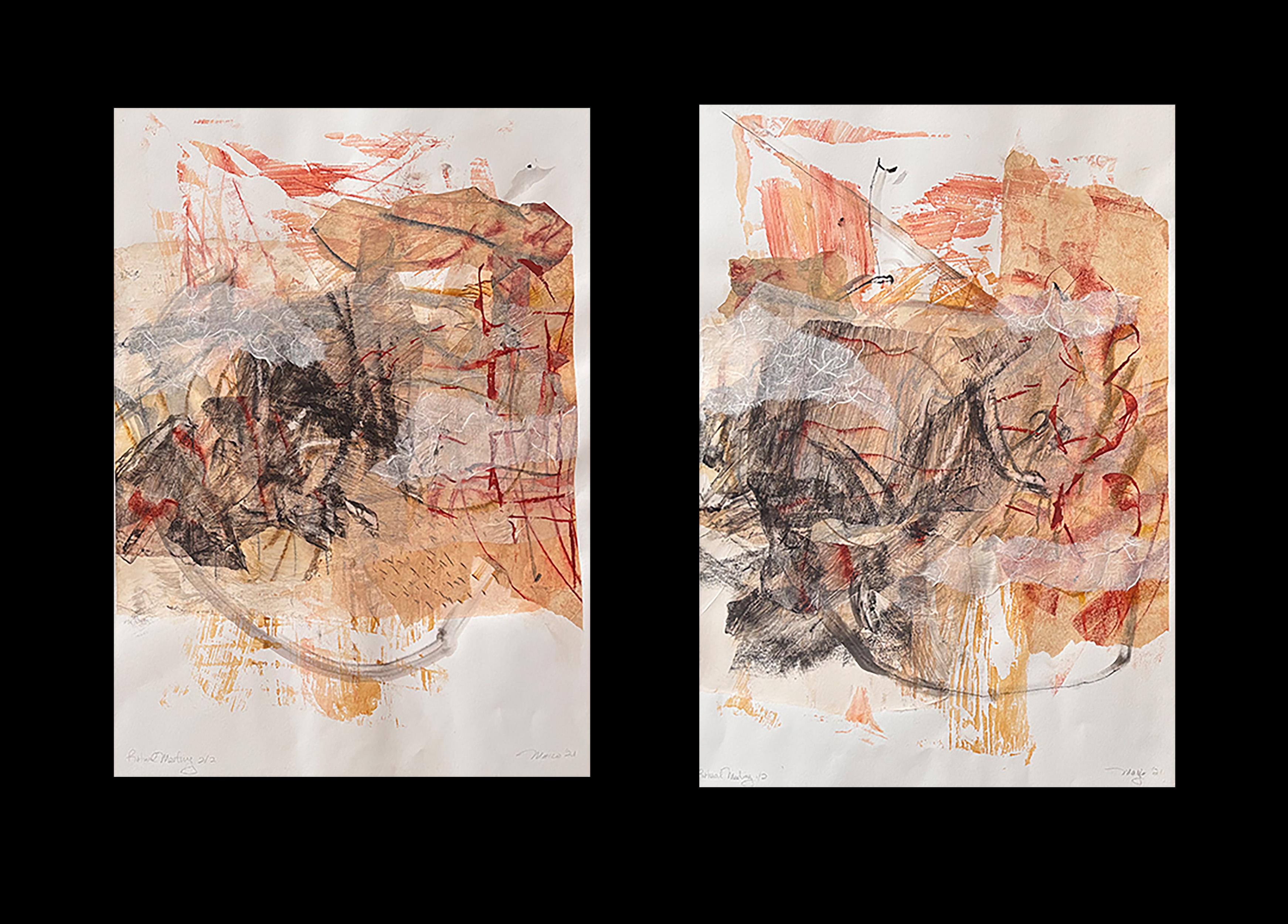 Diptychon Ritual Meeting, Art Graf Graphit, Maulbeerpapier, Impasto-Textur auf ti