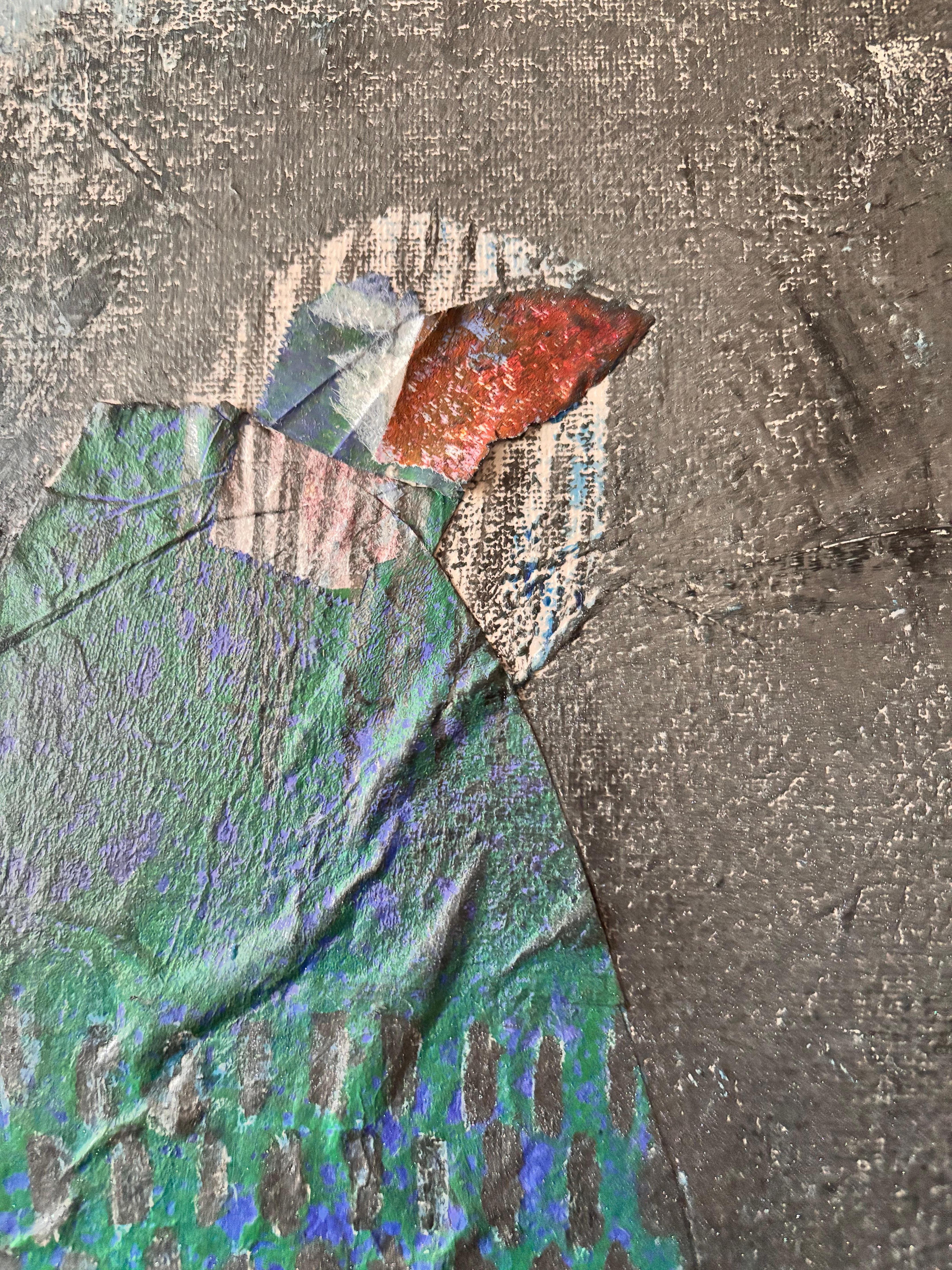 Evening Return-acrylic paint, graphite and paper on canvas - Gray Figurative Painting by Majio