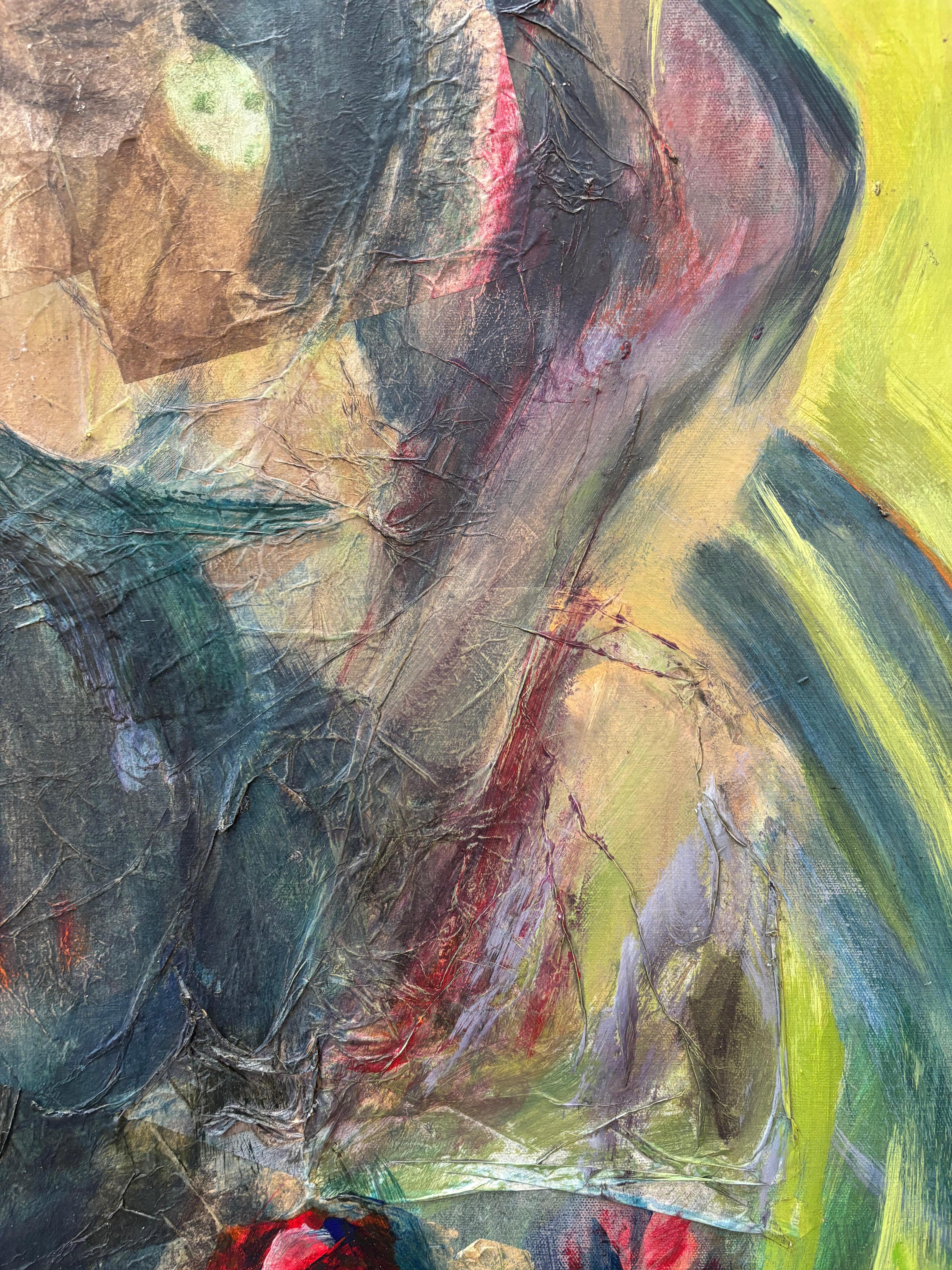 This image came from the experience of a waking dream where through auditory hallucination of a repetitive slap of a tent flap in the wind the image of the Bedouin Angel appeared. 

Figurative I acrylic paintings on canvas have an archetypal quality