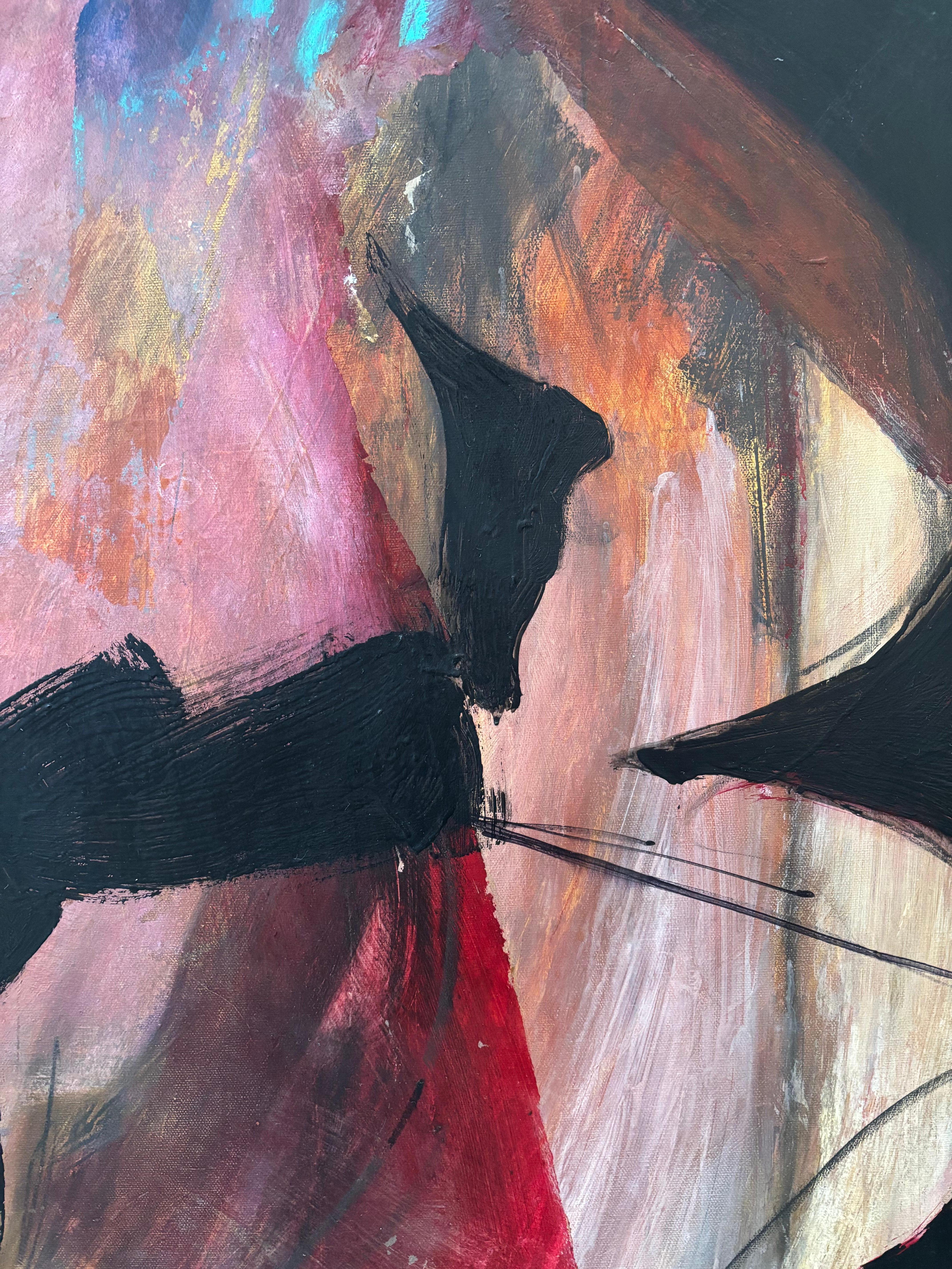 Sumo wrestler is painted on blackboard on canvas with blackboard paint. The mathematical formula, U=abs (I---(C – B)) formula for Uncertainty from the research biologist Michael Dickinson who works with drosophila, fruit flies on decision-making.