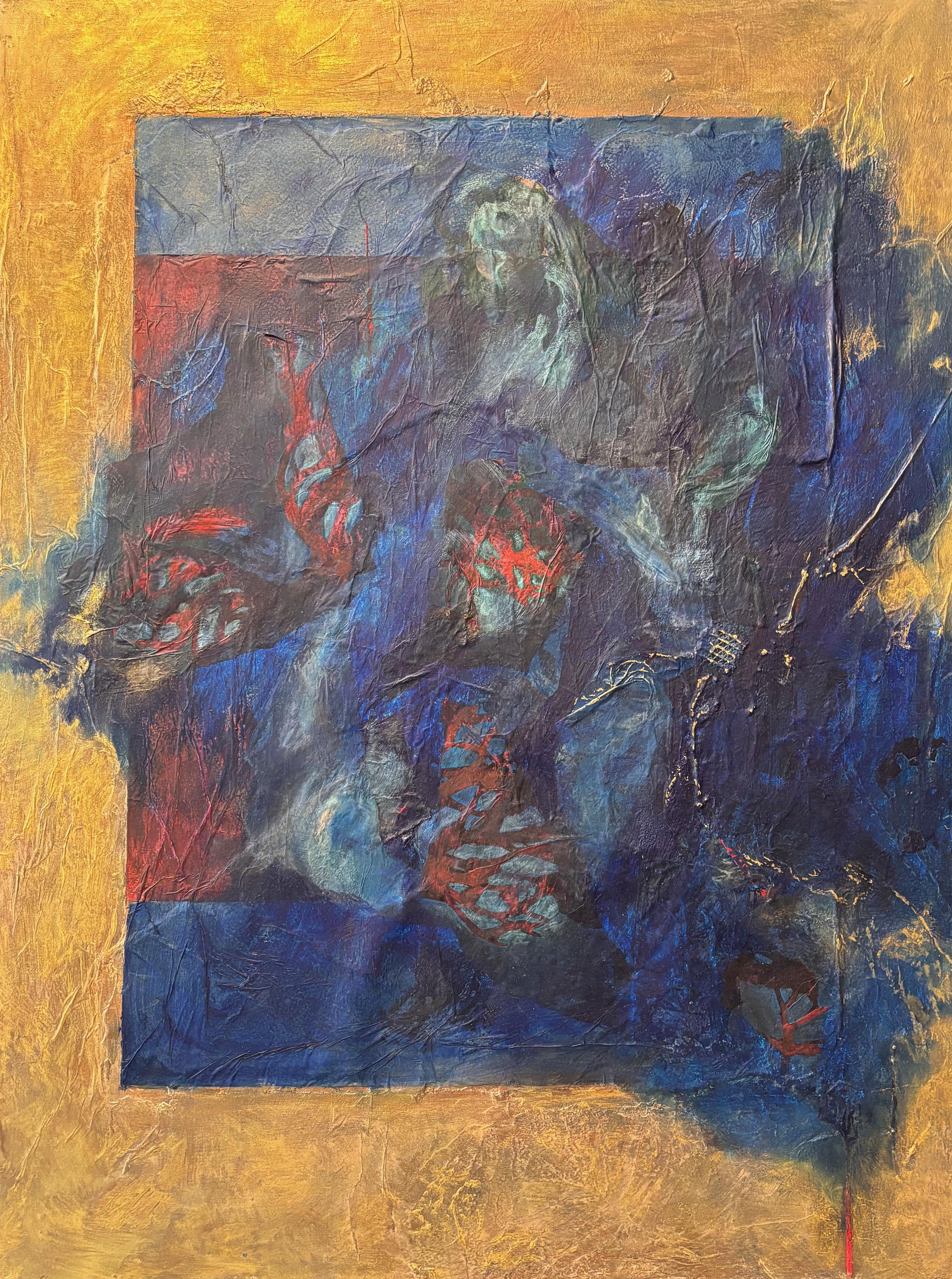 Fourth Wall on Gold-acrylic and oil paint, cold wax, paper on canvas