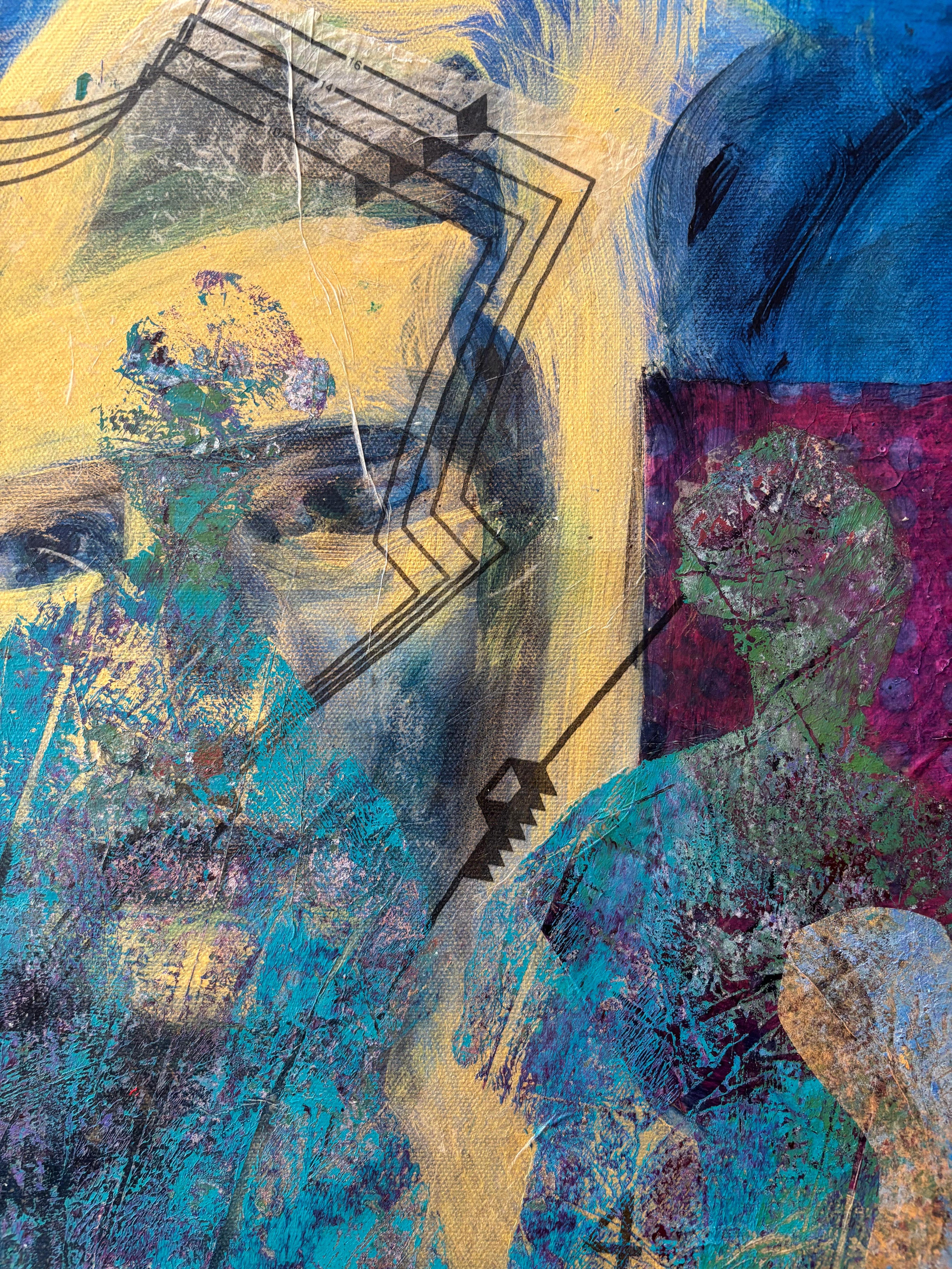 Hierophant Acrylic paint, cold wax, oil paint & paper on canvas - Painting by Majio