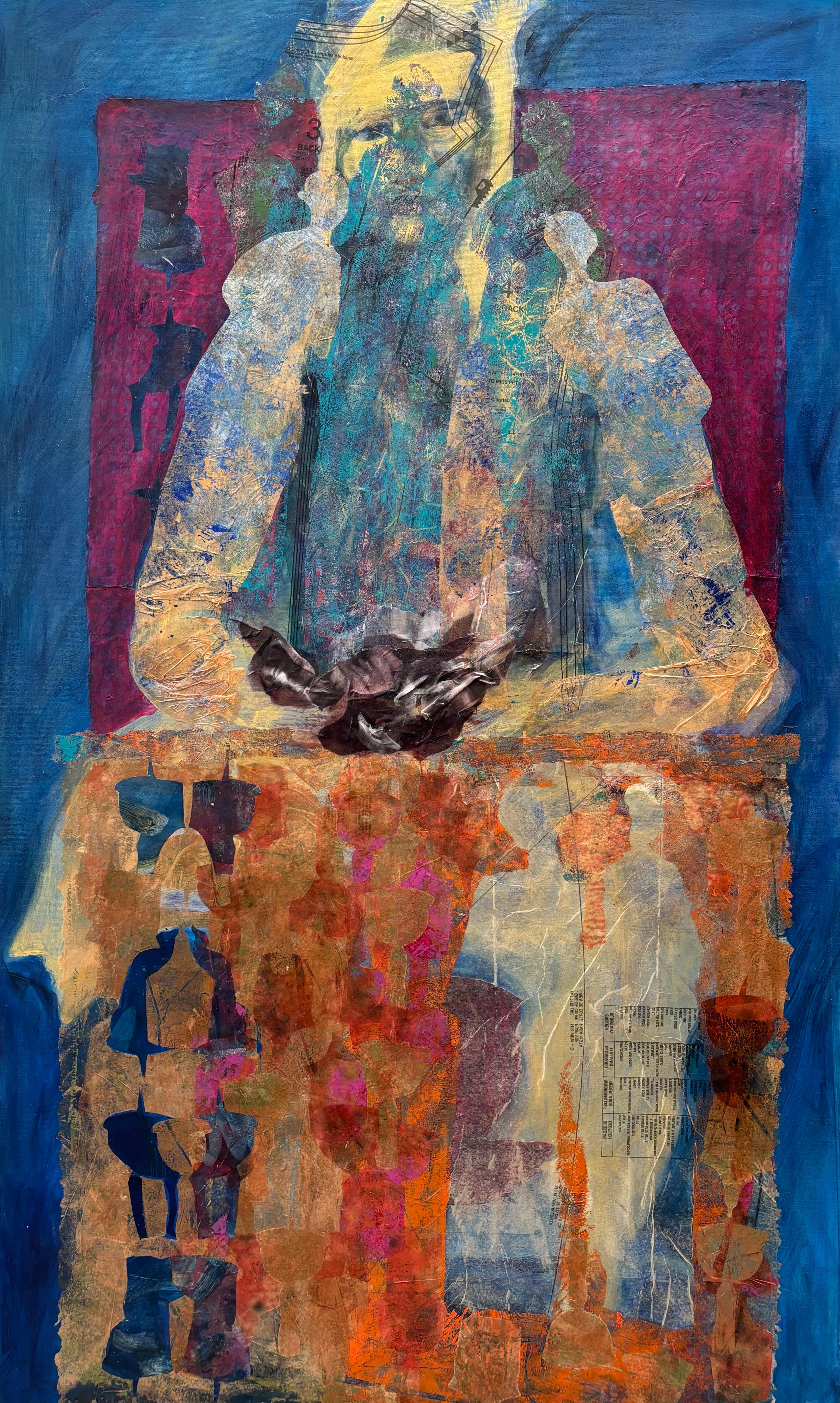 Majio Figurative Painting - Hierophant Acrylic paint, cold wax, oil paint & paper on canvas
