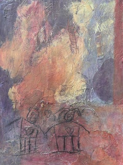 Holding Hands-cold wax, tissue paper, found object, and oil stick over acrylic.