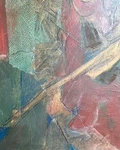 Instruments Waiting, acrylic paint, gold, and rust, handmade paper on wood panel